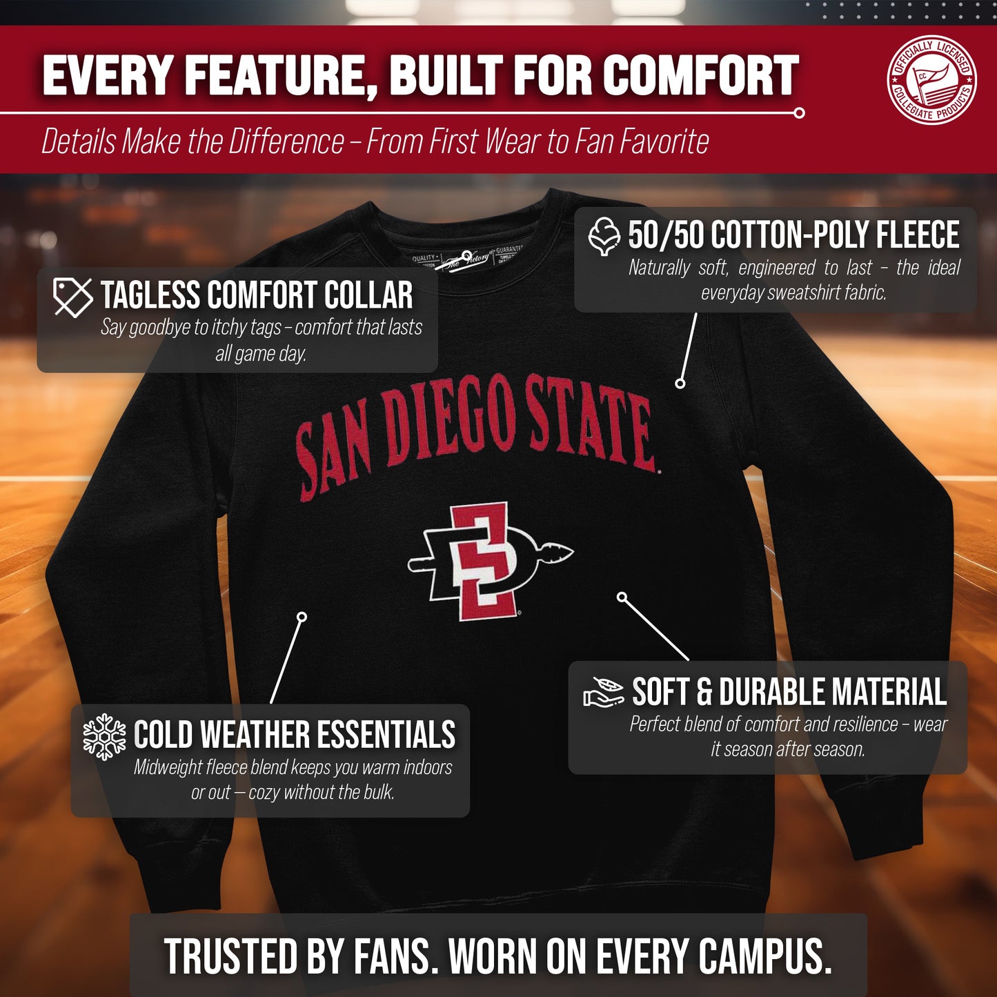 San Diego State Aztecs Adult Arch & Logo Soft Style Gameday Crewneck Sweatshirt - Black