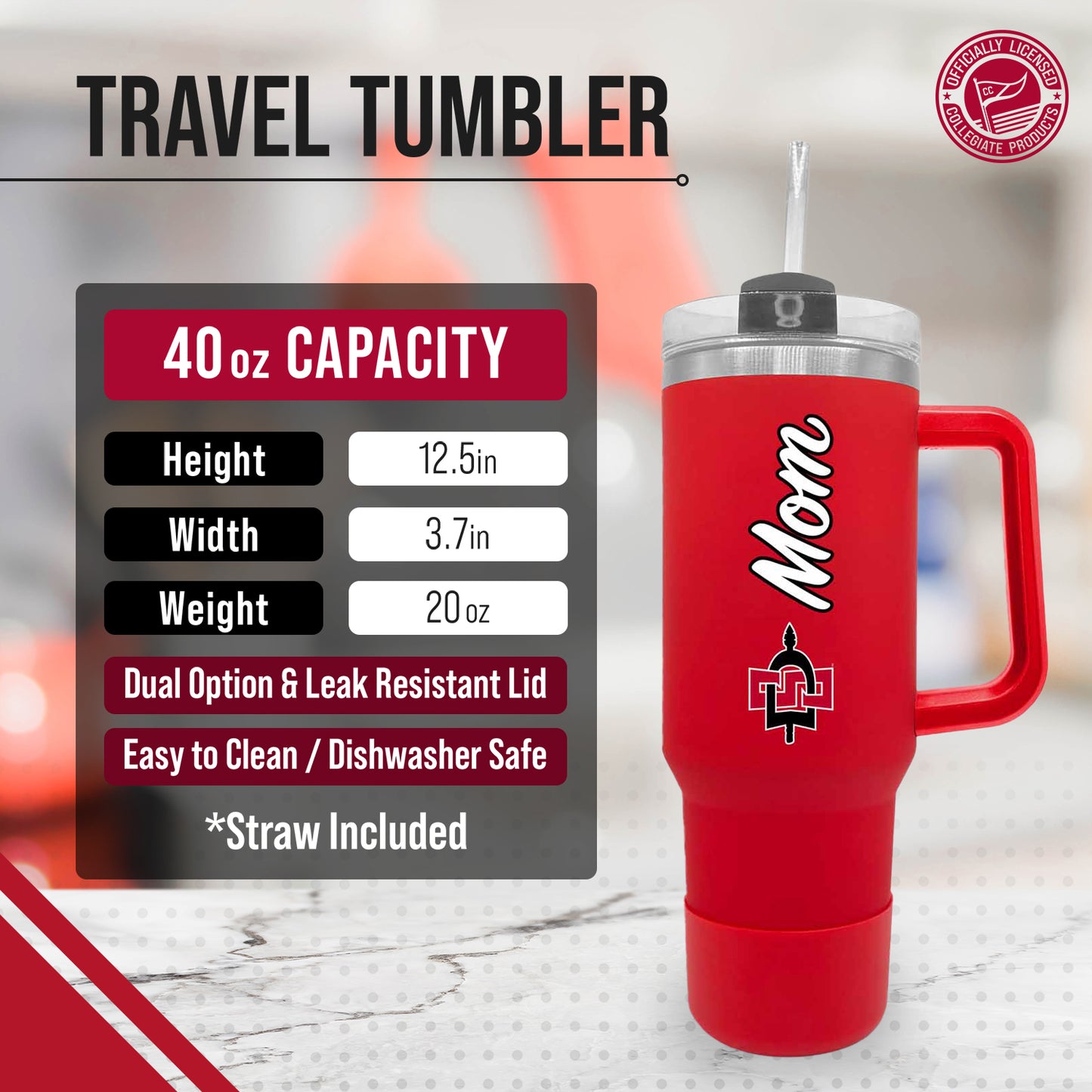 San Diego State Aztecs Collegiate 40oz Stainless Steel Travel Tumbler with Handle for Mom - Red