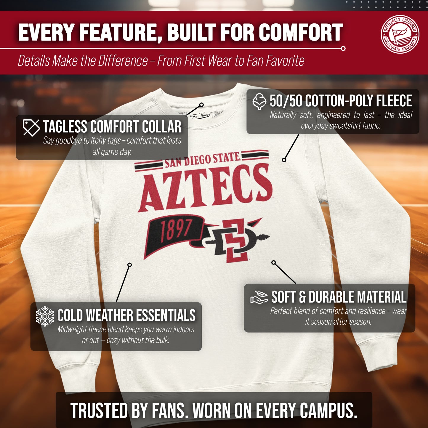 San Diego State Aztecs NCAA Adult Unisex Varsity Club Pennant Crewneck Fleece Sweatshirt - Off White