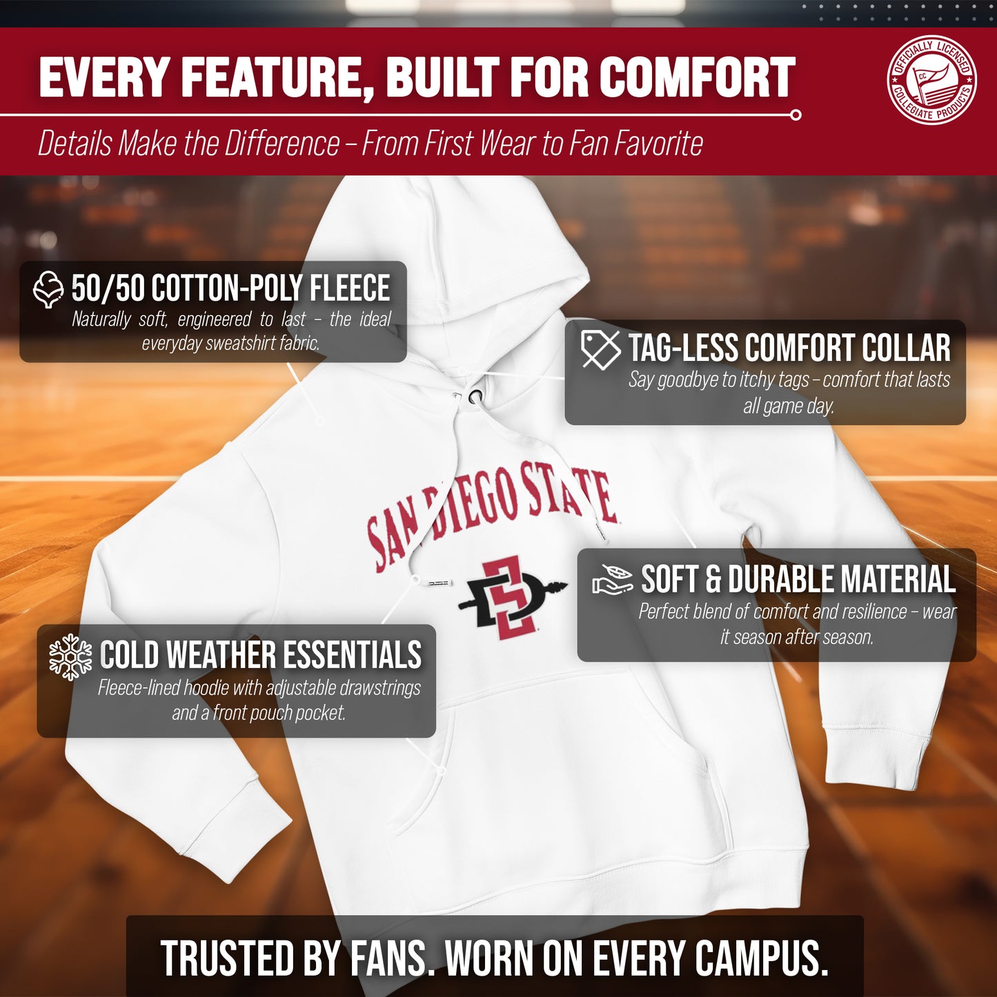 San Diego State Aztecs Adult Arch & Logo Soft Style Gameday Hooded Sweatshirt - White