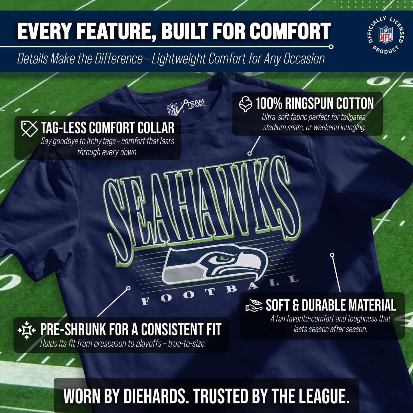Seattle Seahawks NFL Adult Overtime Blueprint Tag-Less T-Shirt - Navy
