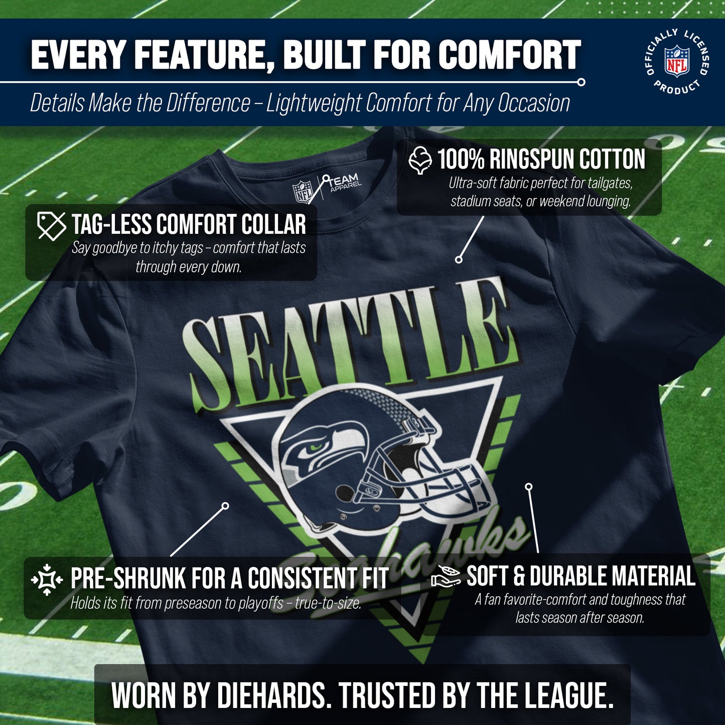 Seattle Seahawks NFL Adult Retro Triangle Unisex T-Shirt - Navy