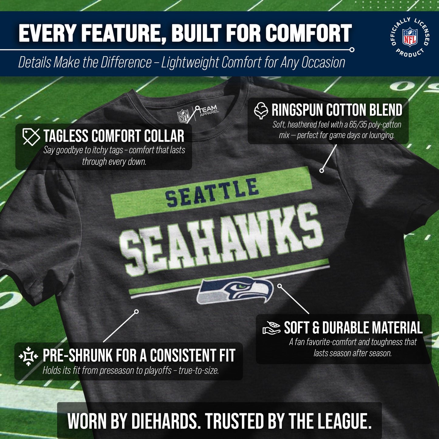 Seattle Seahawks NFL Adult Team Block Tagless T-Shirt - Charcoal