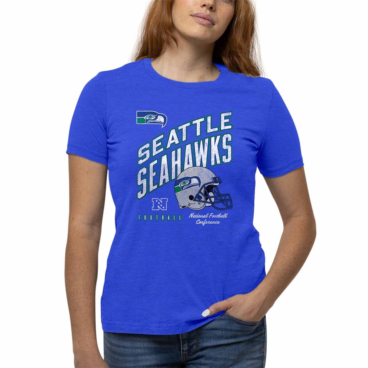 Seattle Seahawks NFL Womens Distressed Helmet Tag-Less Soft T-Shirt - Royal Heather