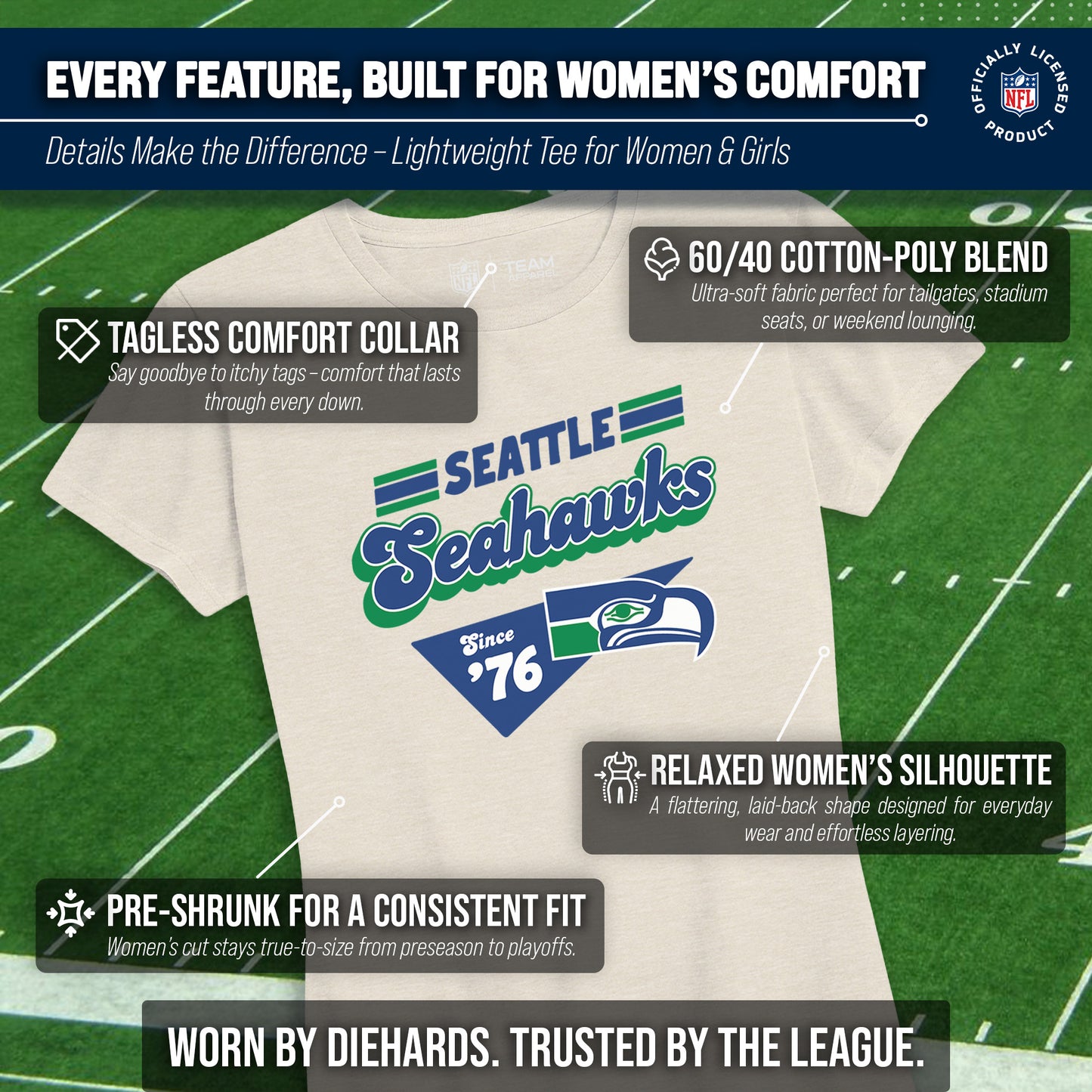 Seattle Seahawks NFL Womens Vintage Charm Tag-Less Soft T-Shirt - Birch