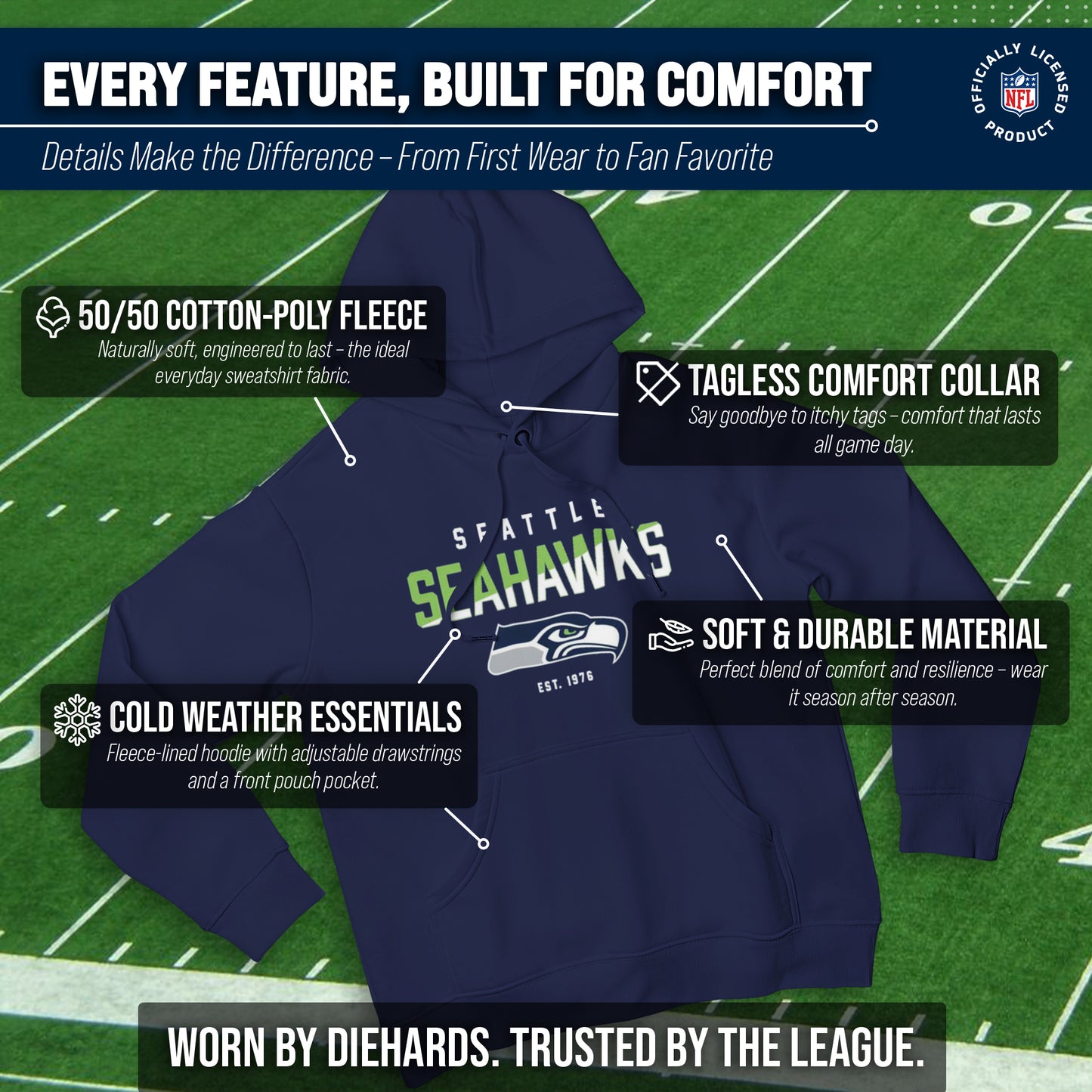 Seattle Seahawks Adult NFL Diagonal Fade Fleece Hooded Sweatshirt - Navy