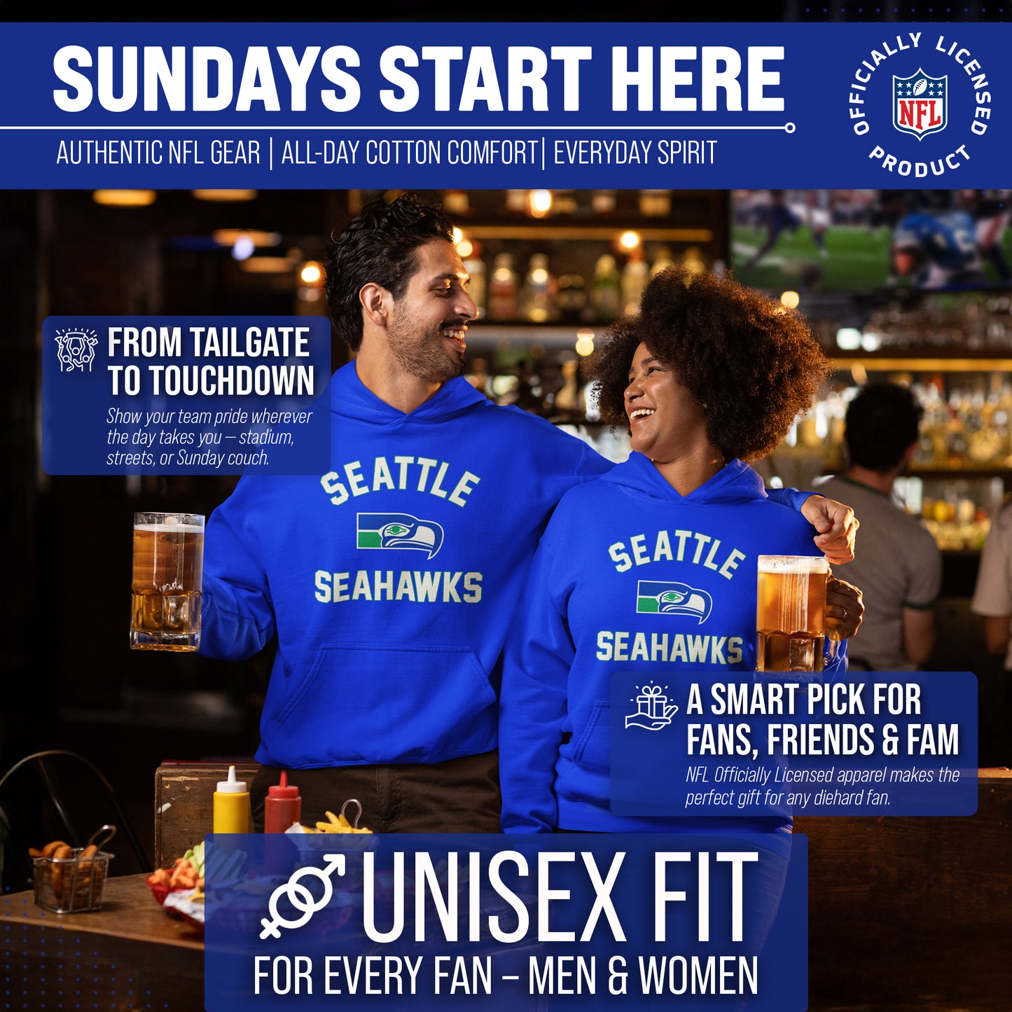 Seattle Seahawks NFL Adult Unisex Retro Gameday Ultra Soft Fleece Hooded Sweatshirt - Royal