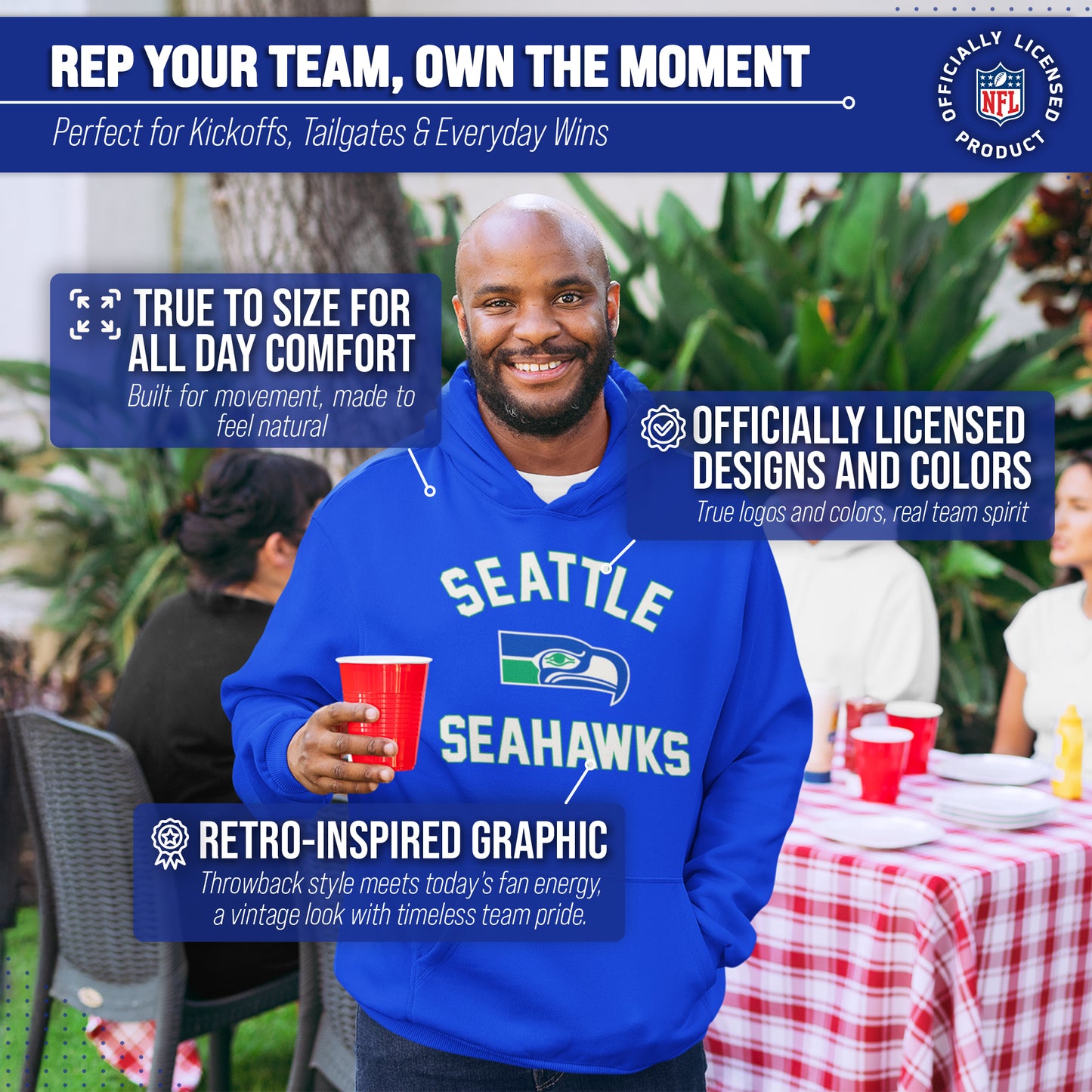 Seattle Seahawks NFL Adult Unisex Retro Gameday Ultra Soft Fleece Hooded Sweatshirt - Royal