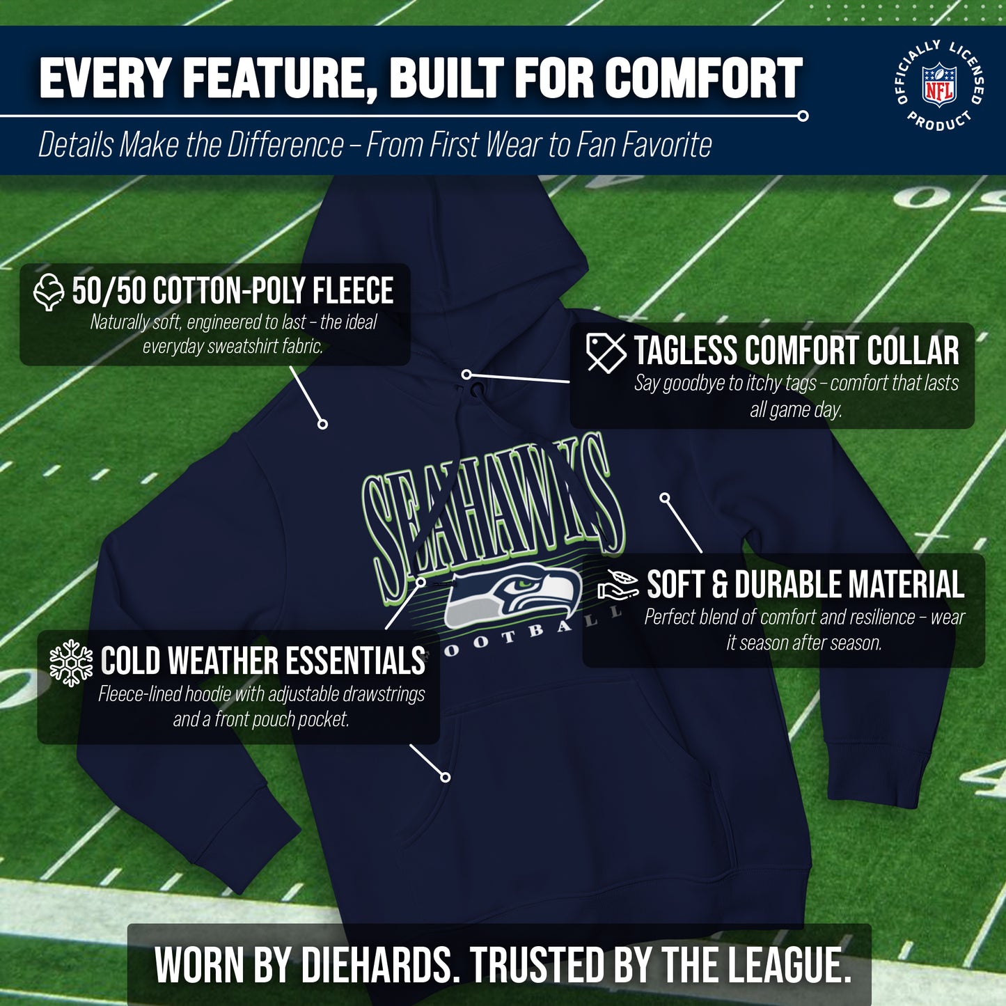 Seattle Seahawks NFL Adult Unisex Overtime Blueprint Soft Fleece Hooded Sweatshirt - Navy