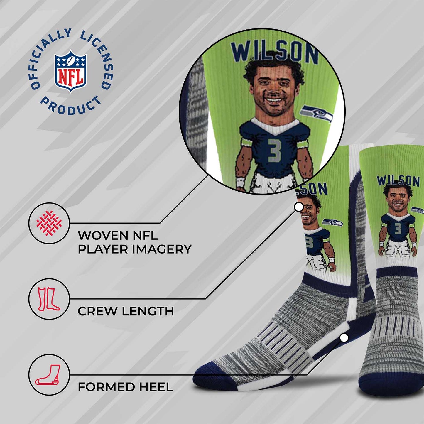 Seattle Seahawks NFL Adult V Curve MVP Player Crew Socks - Lime Green