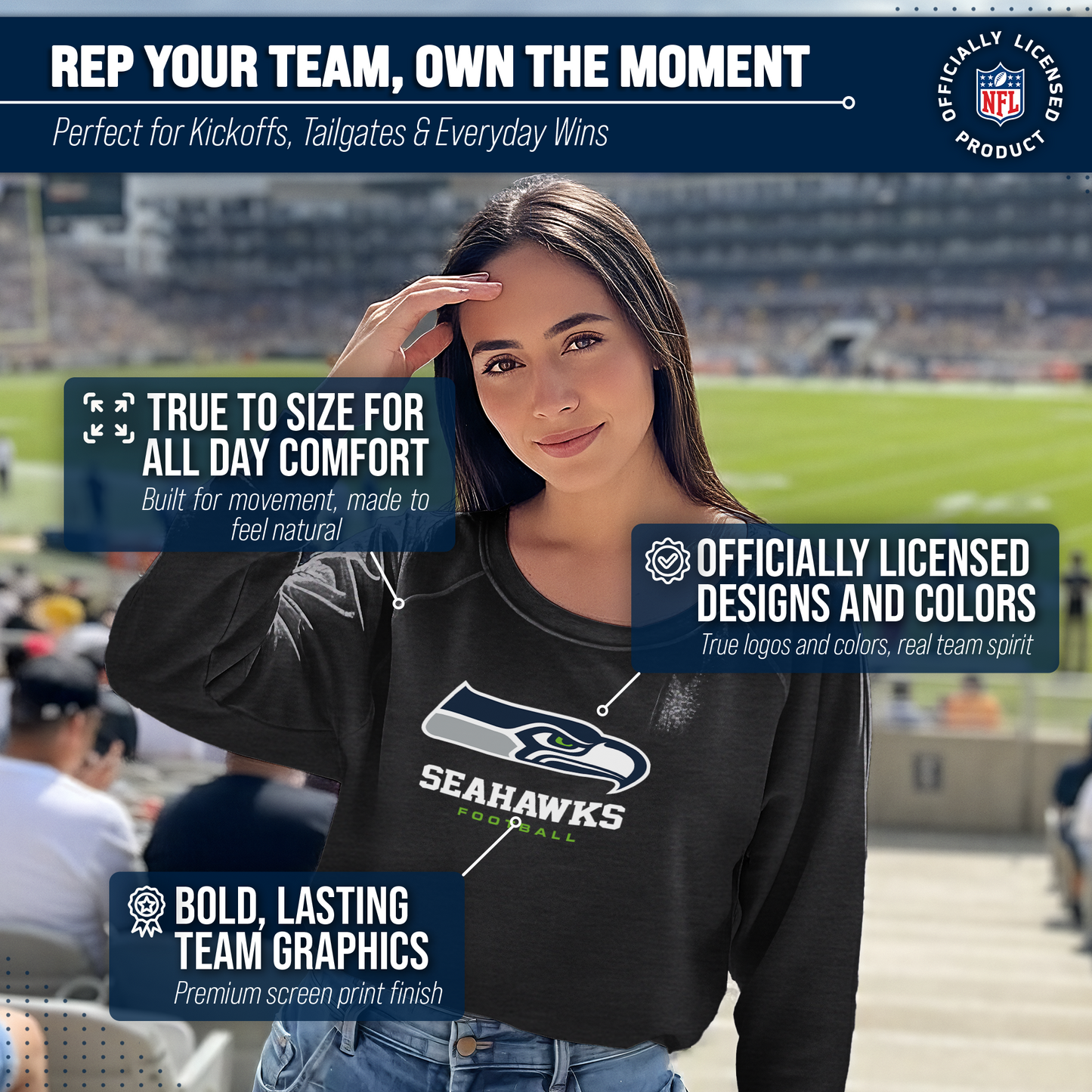 Seattle Seahawks Women's NFL Ultimate Fan Logo Slouchy Crewneck -Tagless Fleece Lightweight Pullover - Charcoal