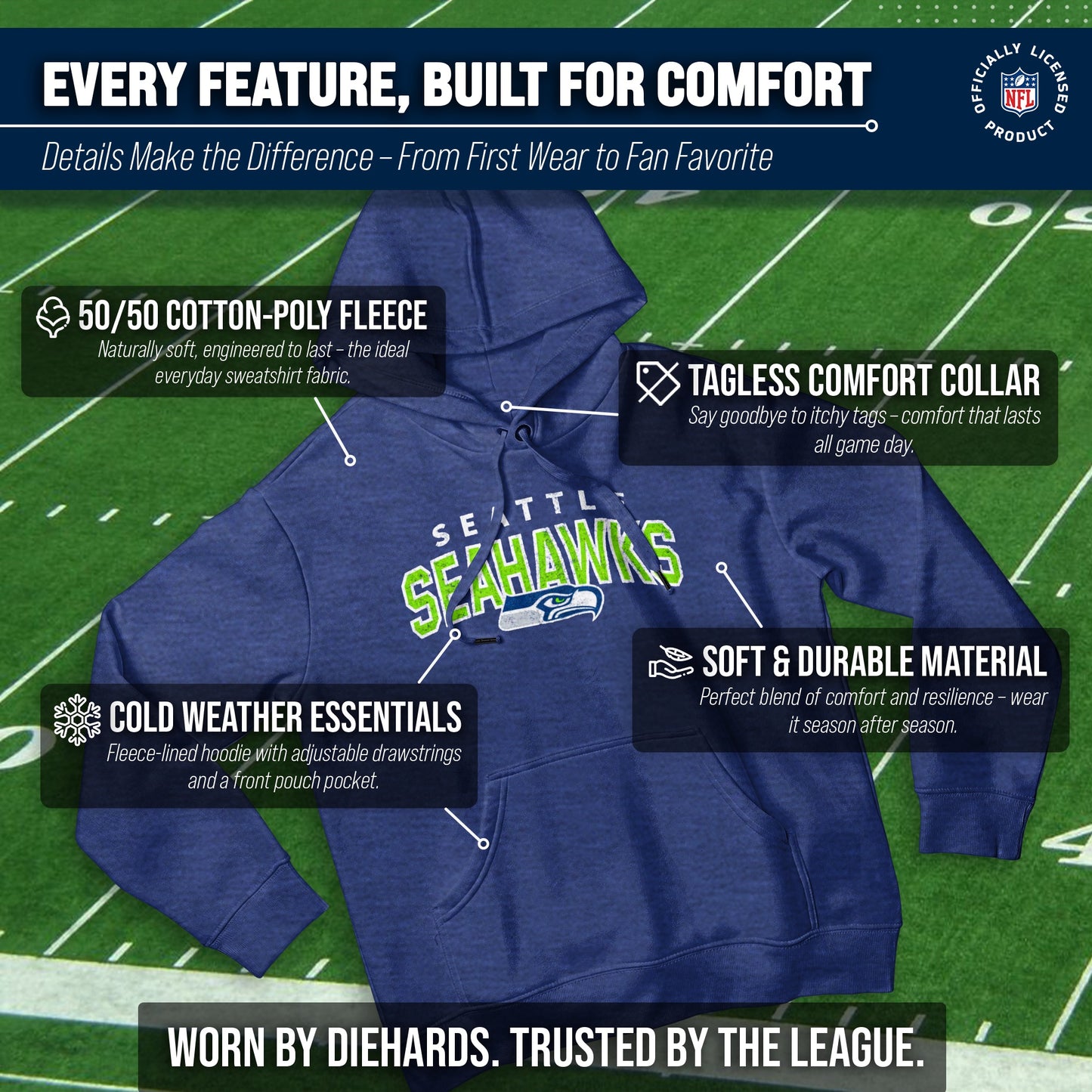 Seattle Seahawks NFL Adult Unisex Starting Fresh Ultra Soft Fleece Hooded Sweatshirt - Navy