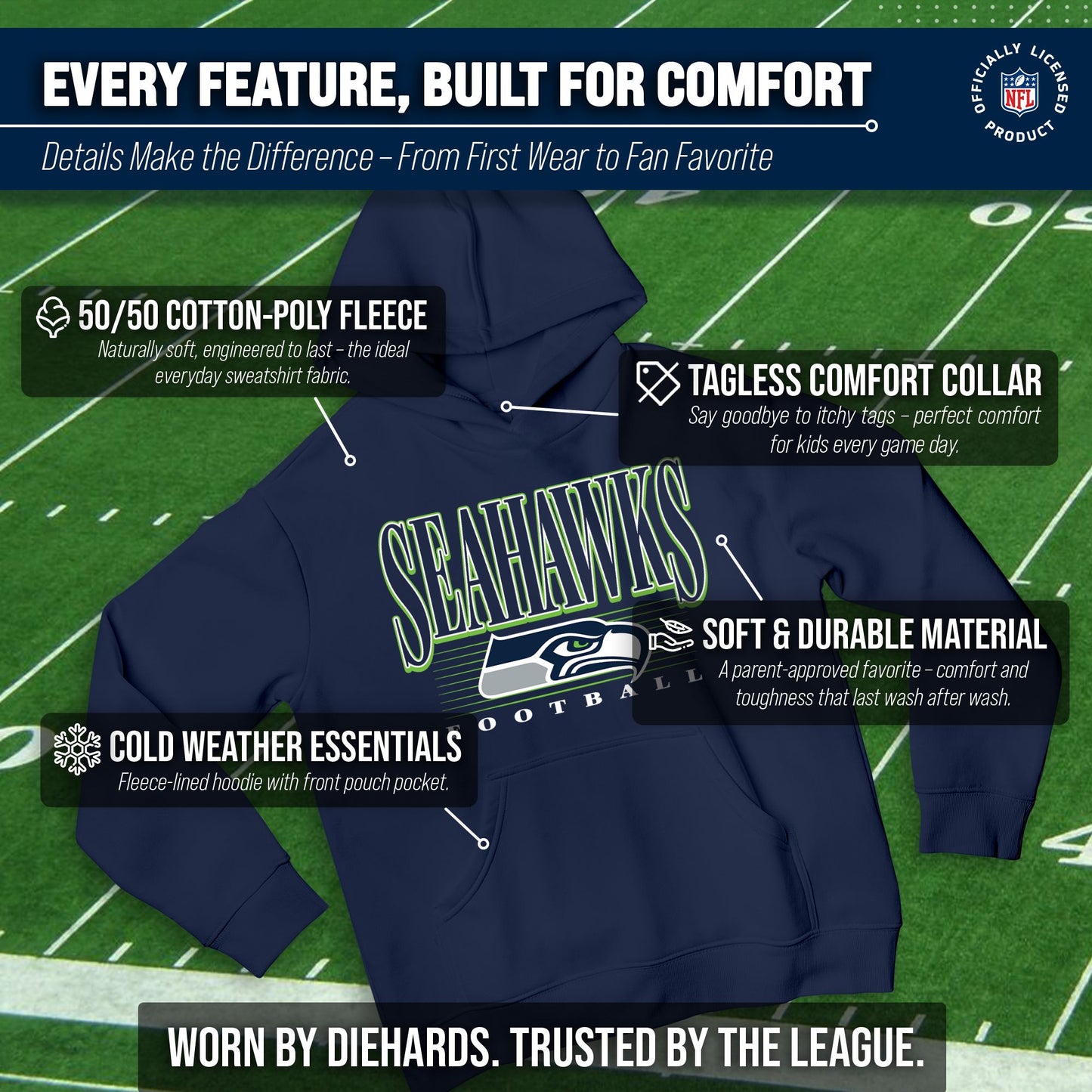 Seattle Seahawks NFL Youth Overtime Blueprint Football Fleece Hooded Sweatshirt - Navy