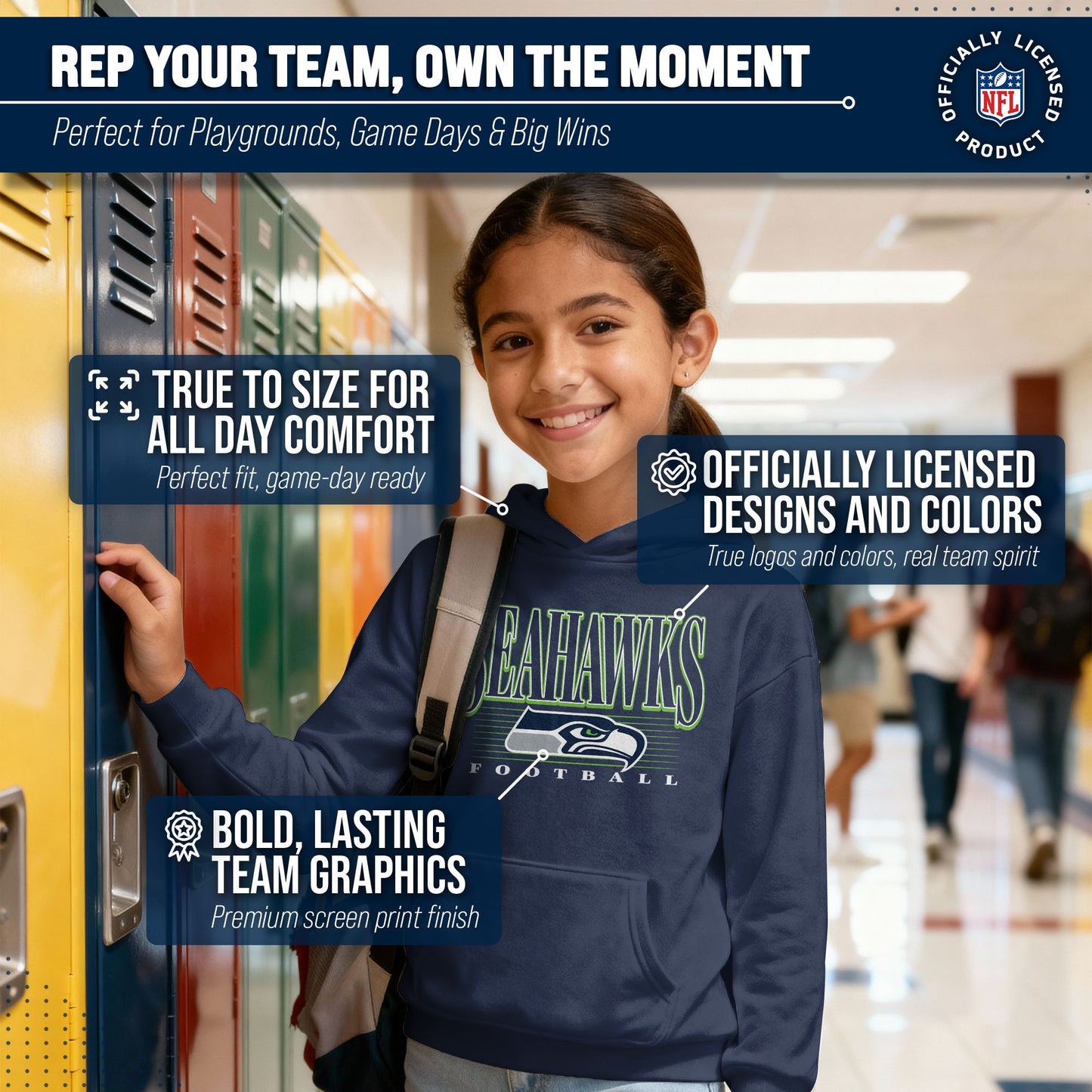 Seattle Seahawks NFL Youth Overtime Blueprint Football Fleece Hooded Sweatshirt - Navy