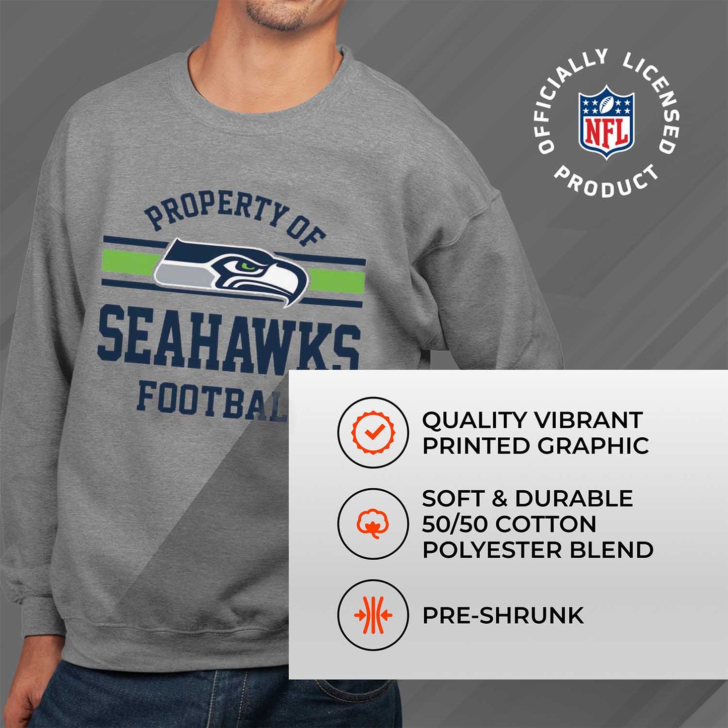 Seattle Seahawks NFL Adult Property Of Crewneck Fleece Sweatshirt - Sport Gray