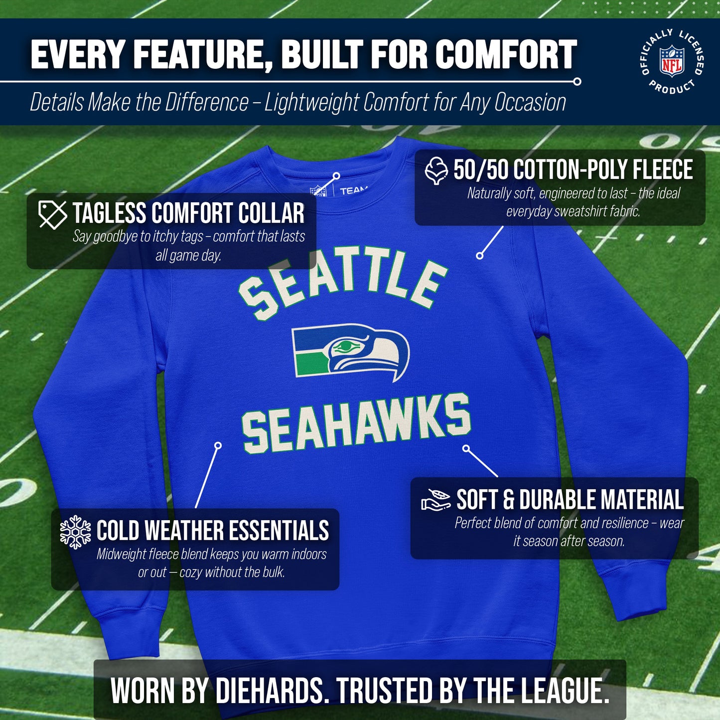 Seattle Seahawks NFL Adult Unisex Retro Gameday Ultra Soft Fleece Crewneck Sweatshirt - Royal