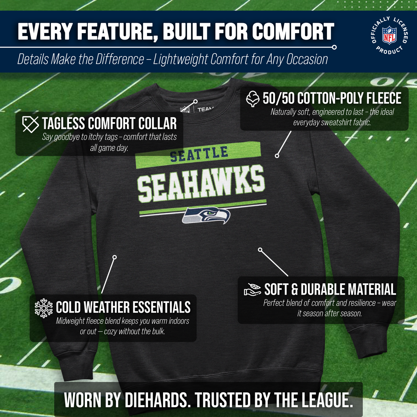 Seattle Seahawks NFL Adult Long Sleeve Team Block Charcoal Crewneck Sweatshirt - Charcoal
