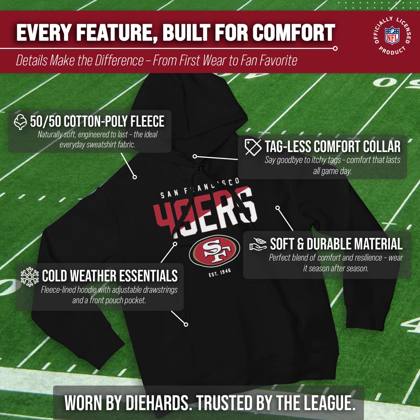 San Francisco 49ers Adult NFL Diagonal Fade Fleece Hooded Sweatshirt - Black