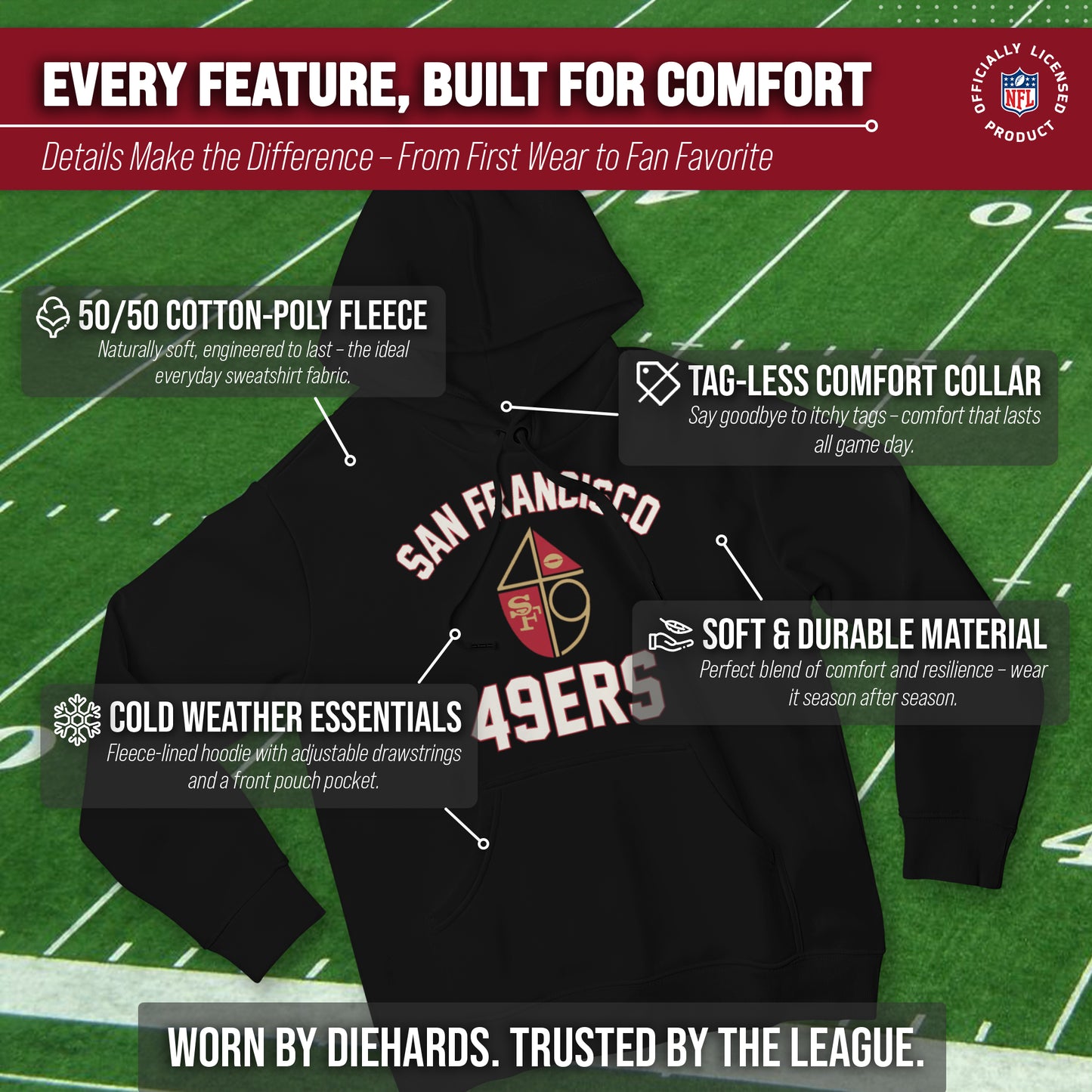 San Francisco 49ers NFL Adult Unisex Retro Gameday Ultra Soft Fleece Hooded Sweatshirt - Black