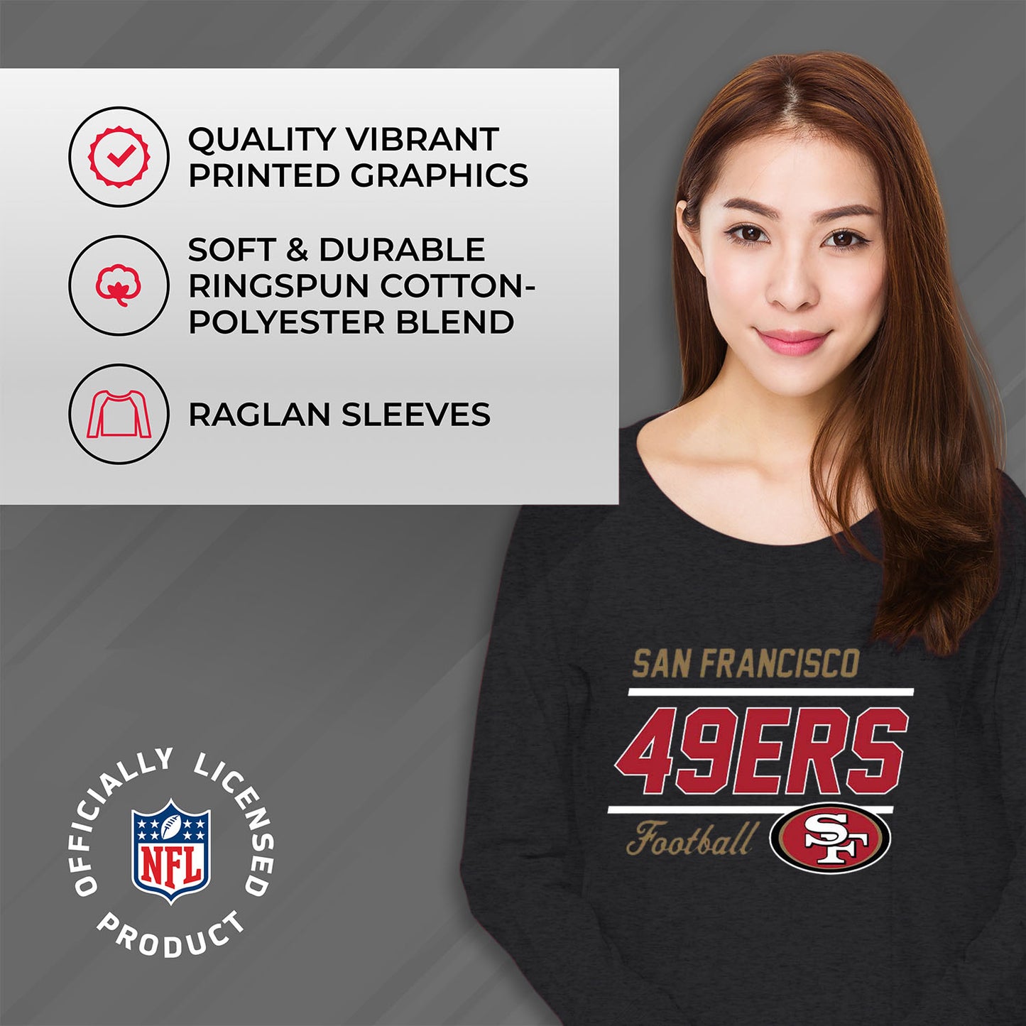 San Francisco 49ers NFL Womens Crew Neck Light Weight - Charcoal