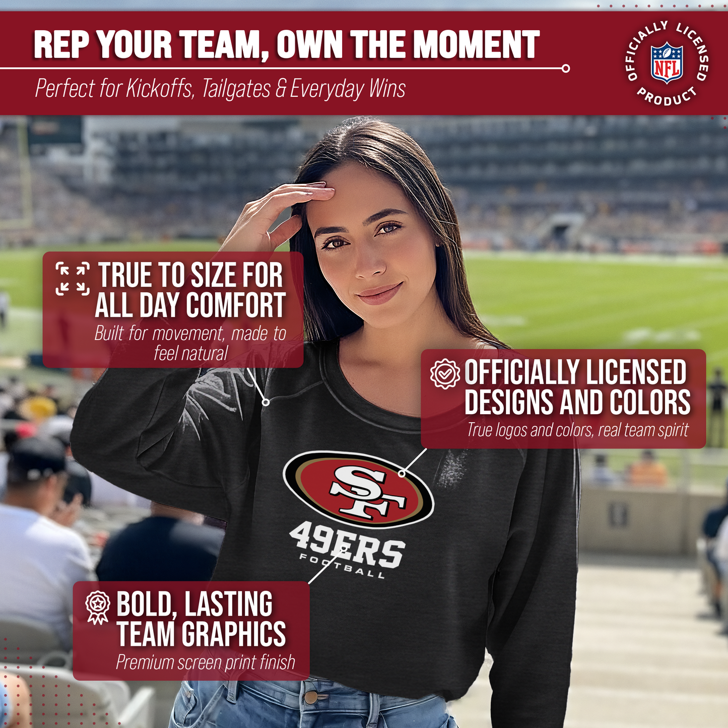 San Francisco 49ers Women's NFL Ultimate Fan Logo Slouchy Crewneck -Tagless Fleece Lightweight Pullover - Charcoal