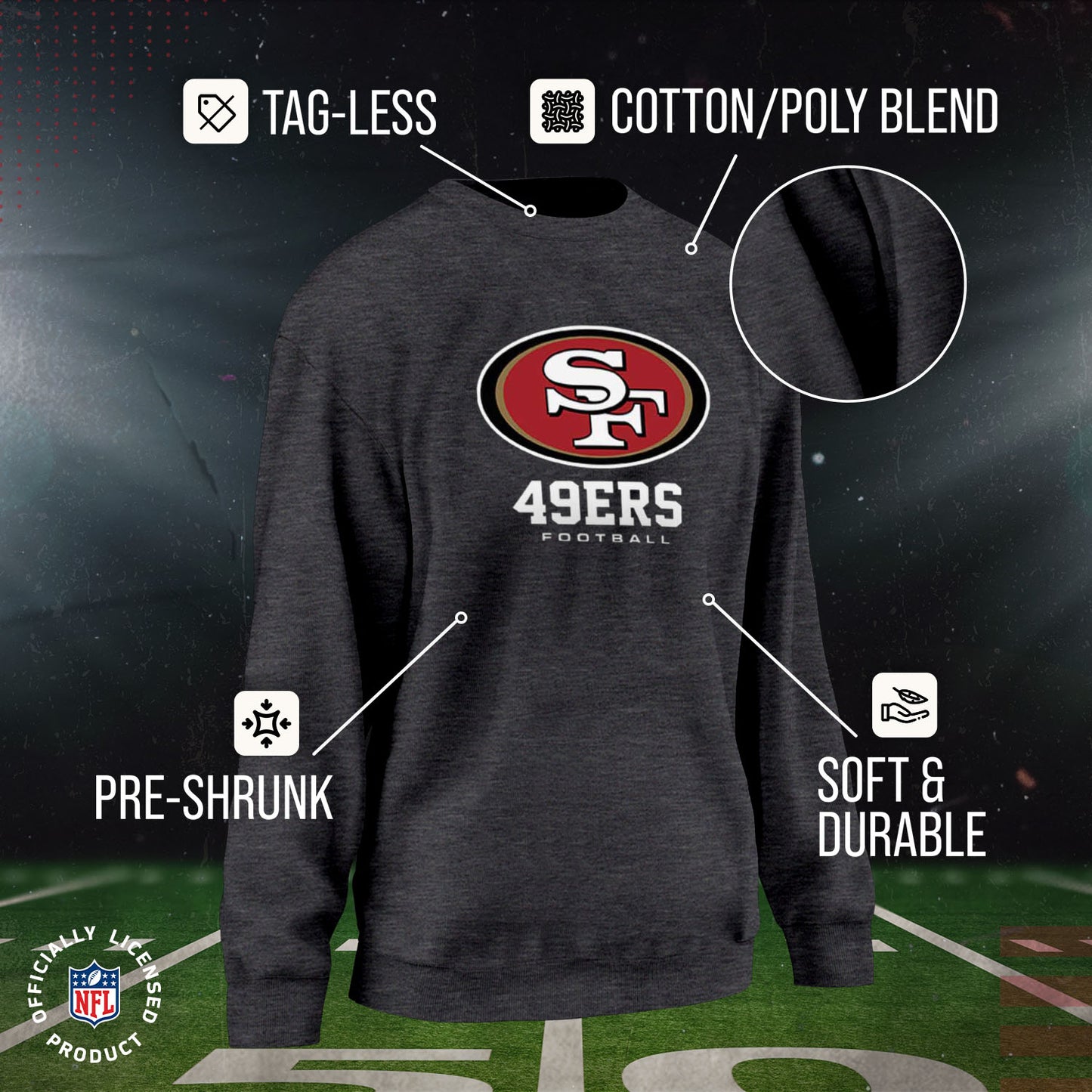 San Francisco 49ers Women's NFL Ultimate Fan Logo Slouchy Crewneck -Tagless Fleece Lightweight Pullover - Charcoal