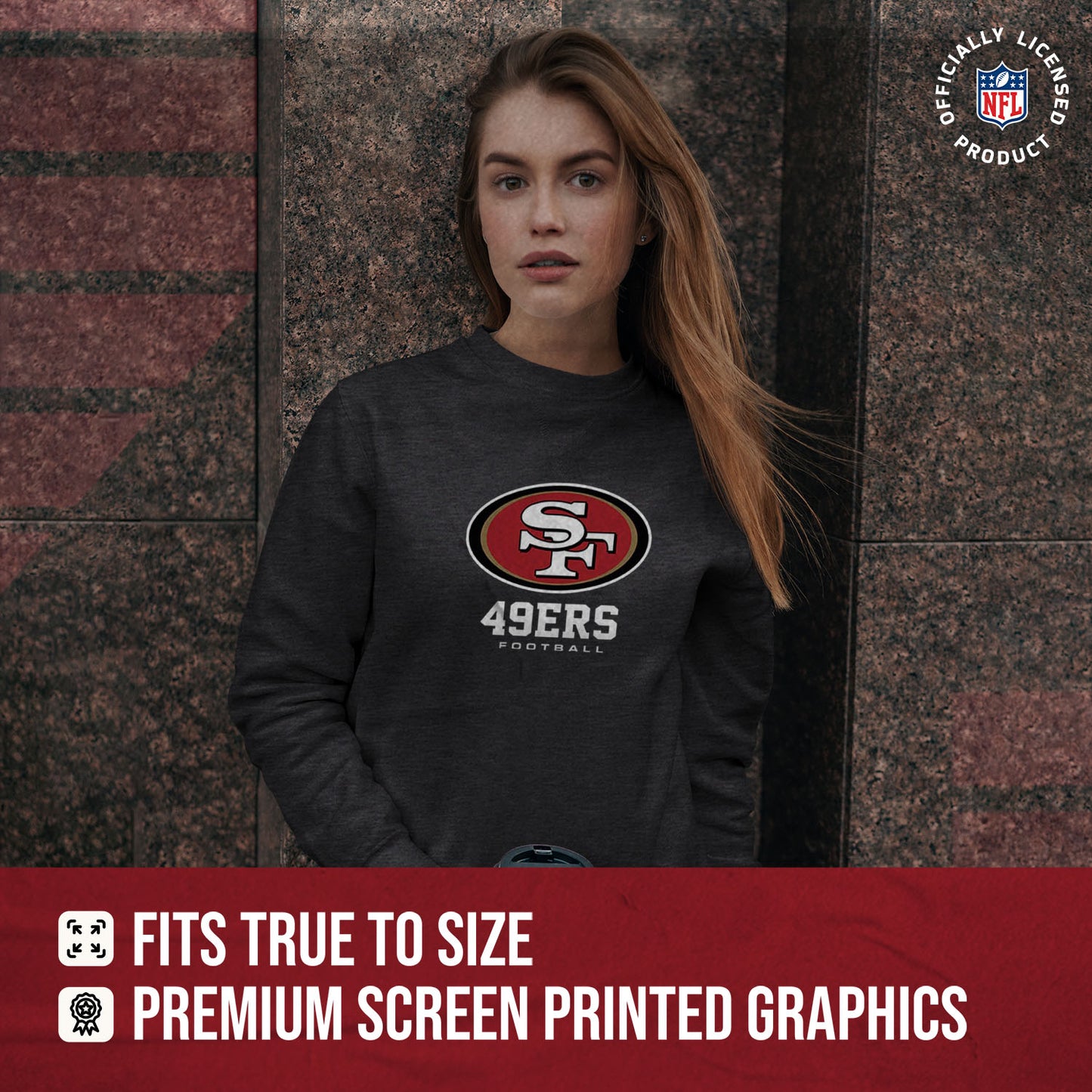 San Francisco 49ers Women's NFL Ultimate Fan Logo Slouchy Crewneck -Tagless Fleece Lightweight Pullover - Charcoal