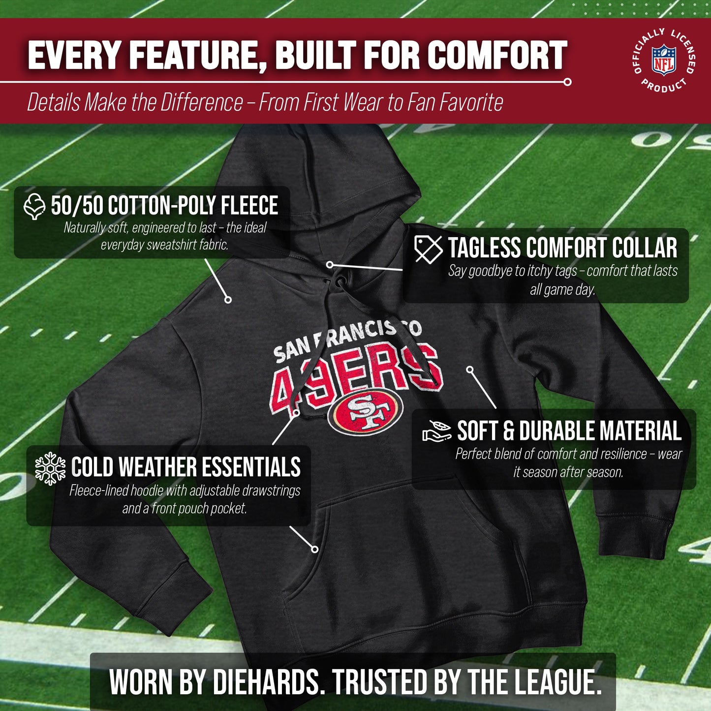 San Francisco 49ers NFL Adult Unisex Starting Fresh Ultra Soft Fleece Hooded Sweatshirt - Black Heather