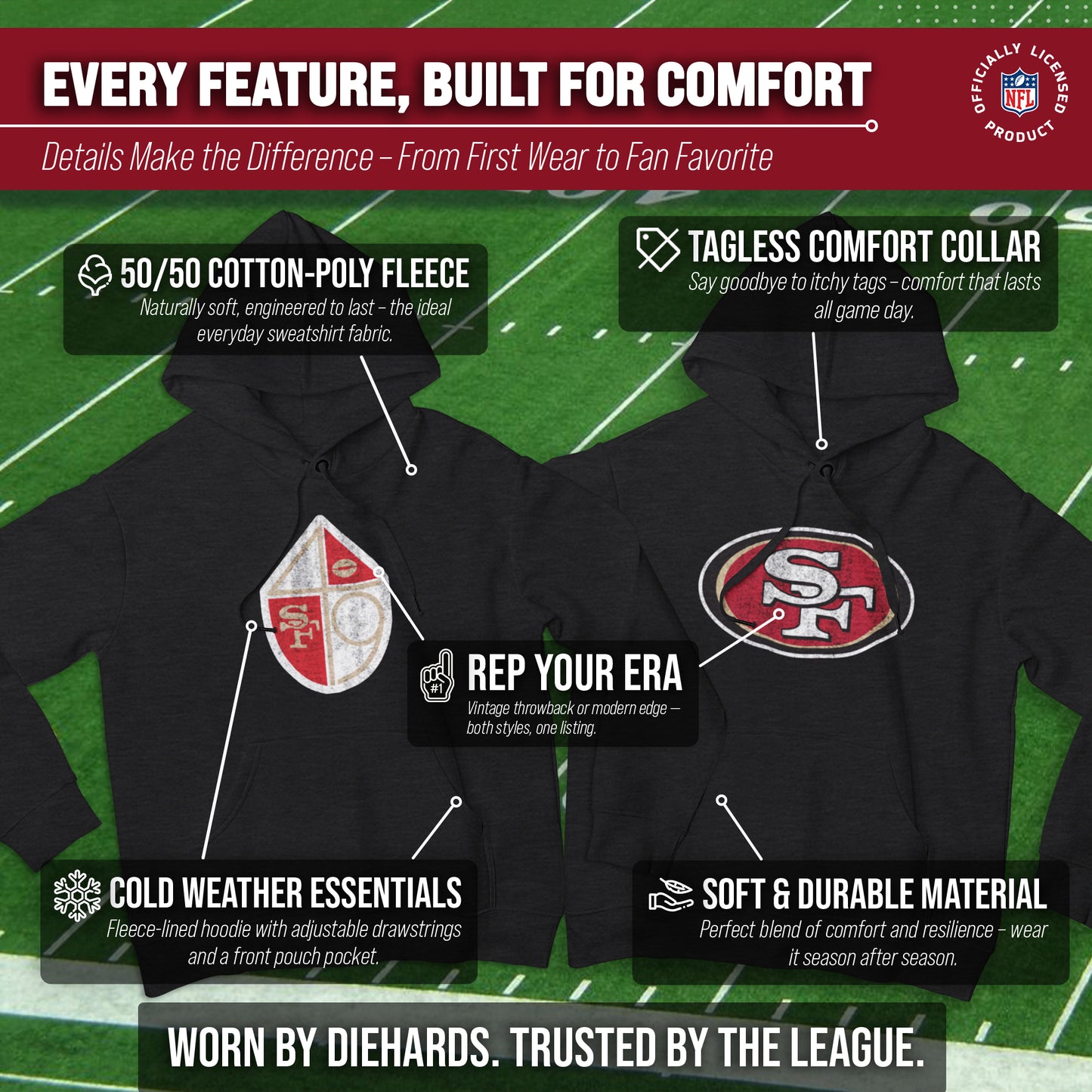 San Francisco 49ers NFL Adult Unisex Modern Throwback Ultra Soft Fleece Hooded Sweatshirt - Black