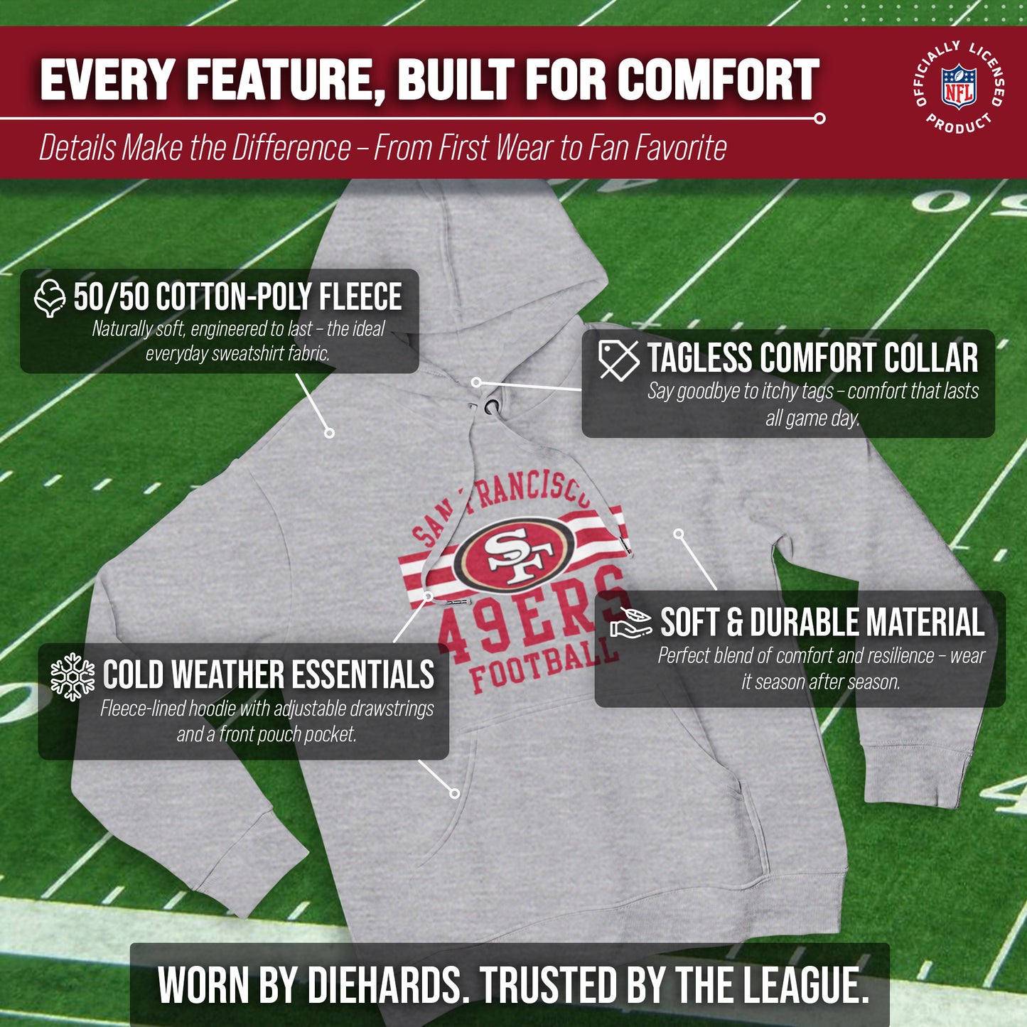 San Francisco 49ers NFL Team Stripe Hooded Sweatshirt- Soft Pullover Sports Hoodie For Men & Women - Sport Gray