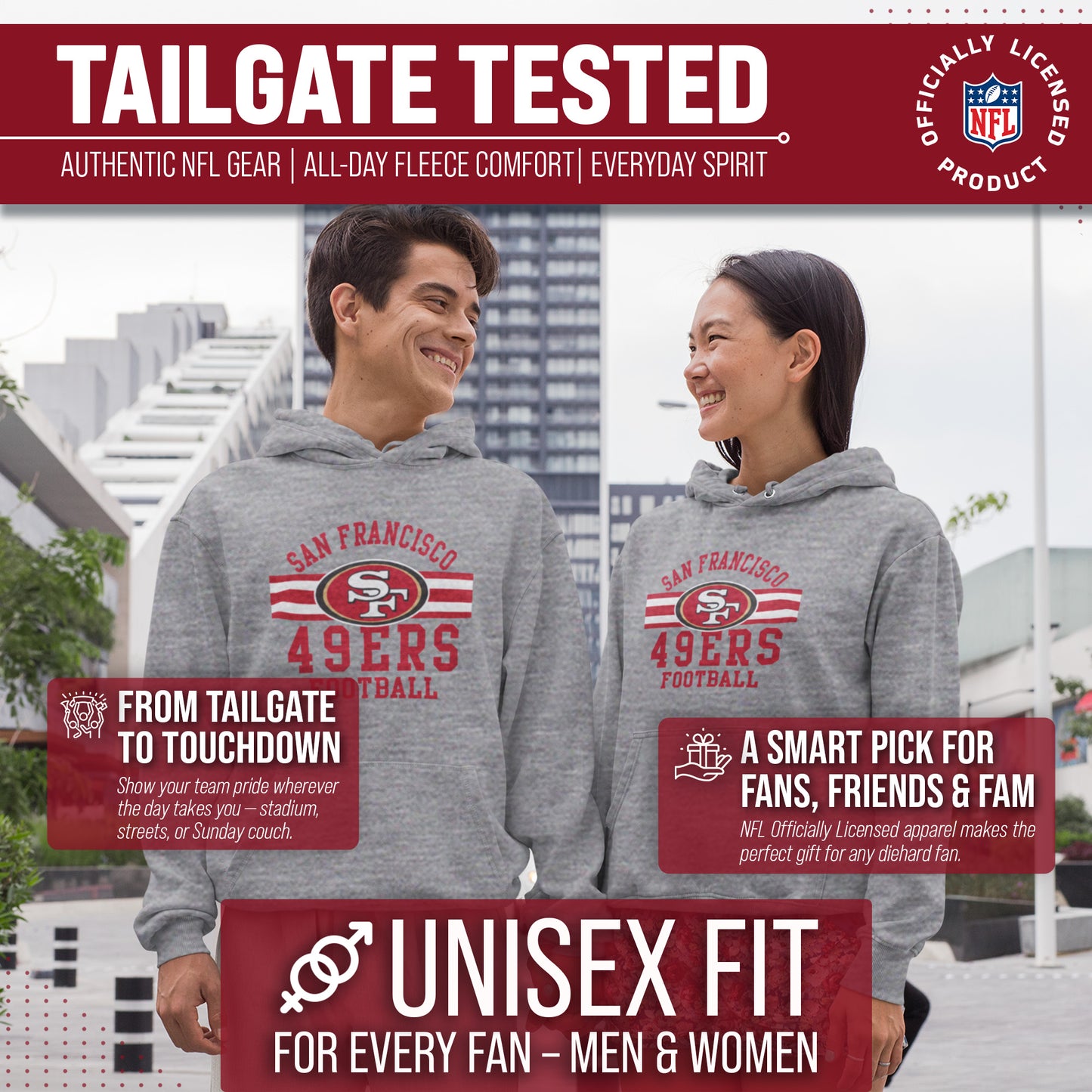 San Francisco 49ers NFL Team Stripe Hooded Sweatshirt- Soft Pullover Sports Hoodie For Men & Women - Sport Gray