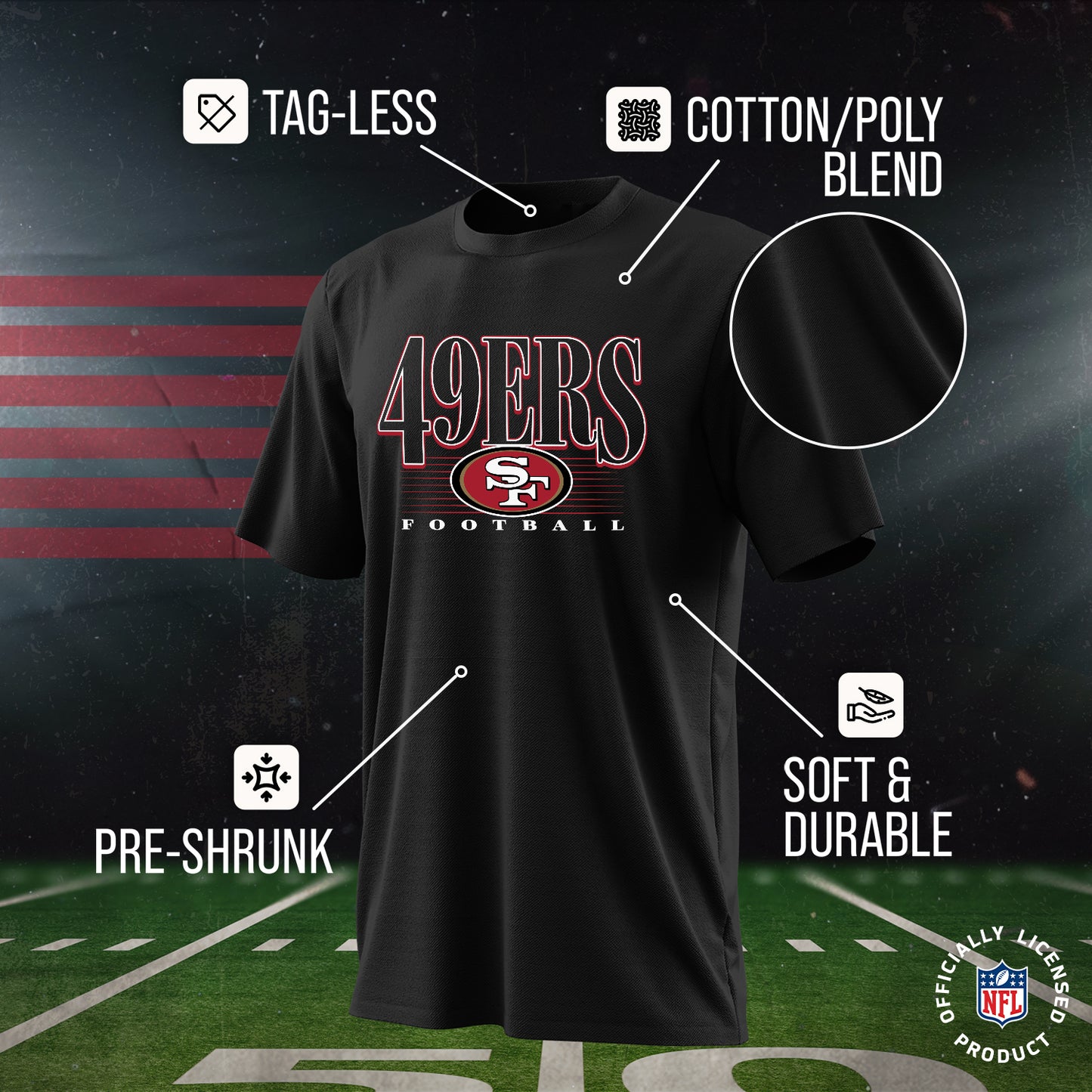 San Francisco 49ers NFL Youth Overtime Blueprint Football T-Shirt Unisex Tag Free Comfortable - Black
