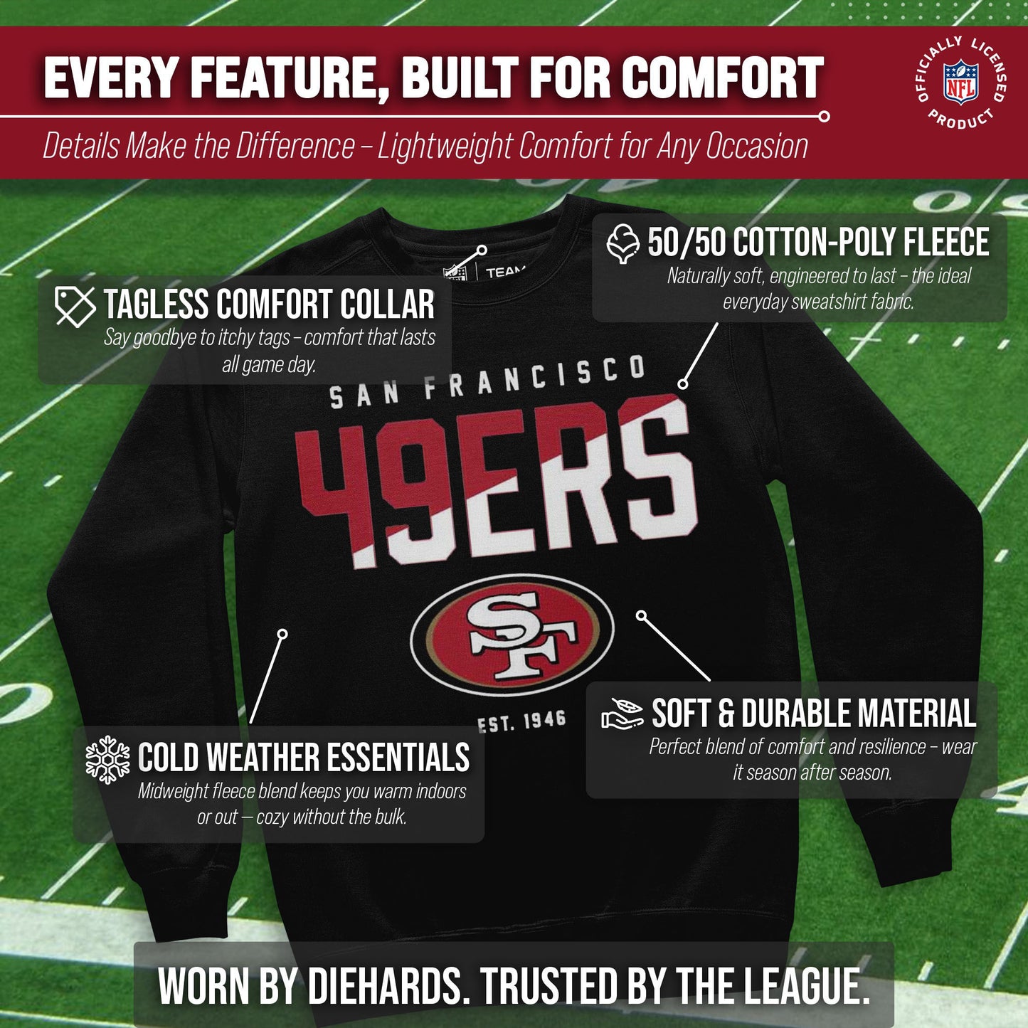 San Francisco 49ers Adult NFL Diagonal Fade Color Block Crewneck Sweatshirt - Black