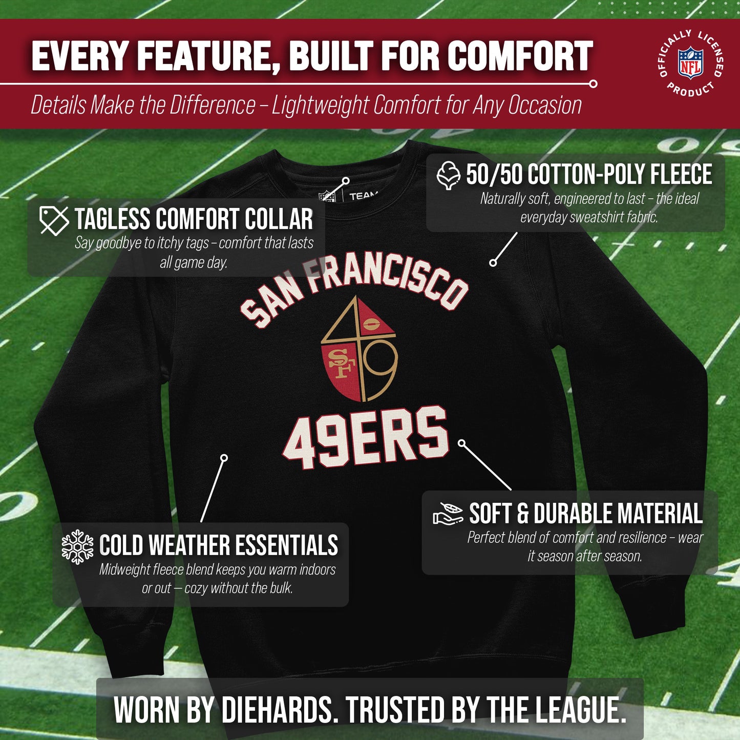 San Francisco 49ers NFL Adult Unisex Retro Gameday Ultra Soft Fleece Crewneck Sweatshirt - Black