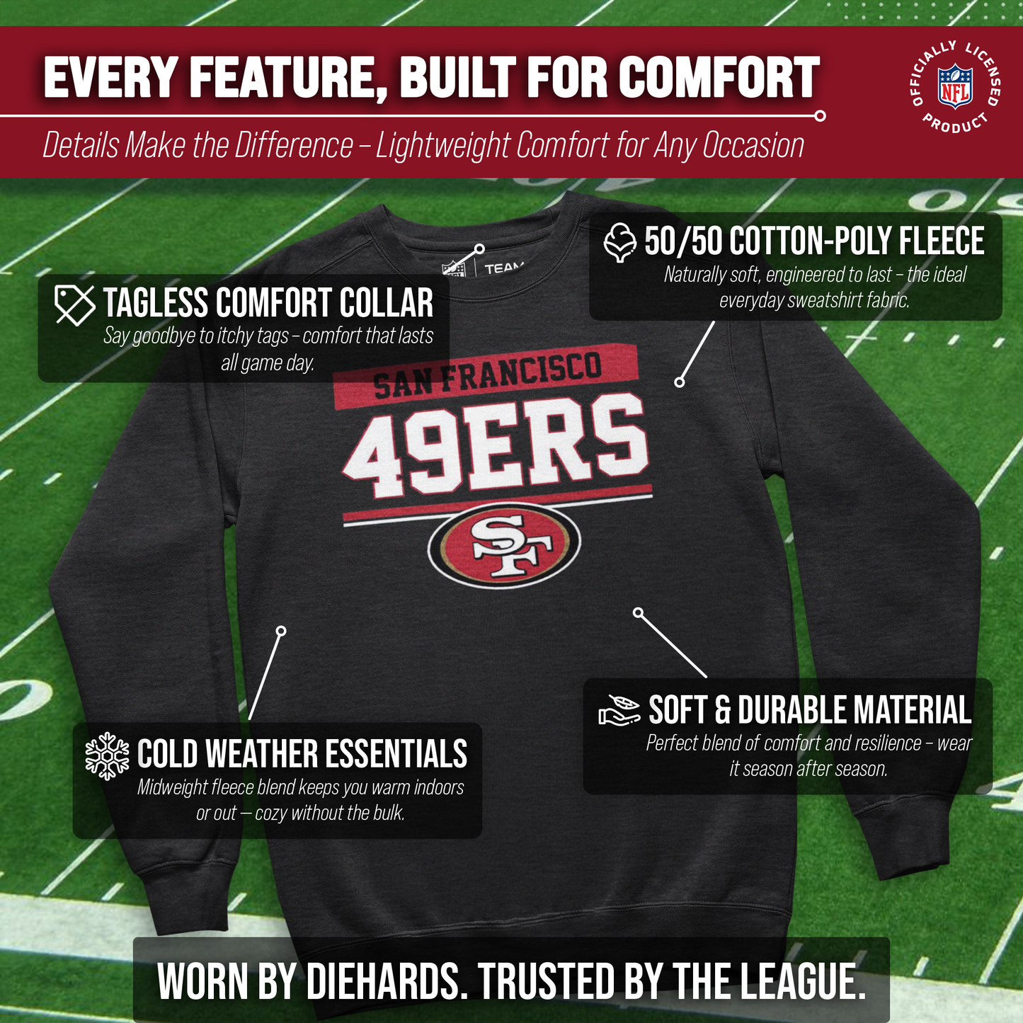 San Francisco 49ers NFL Adult Long Sleeve Team Block Charcoal Crewneck Sweatshirt - Charcoal