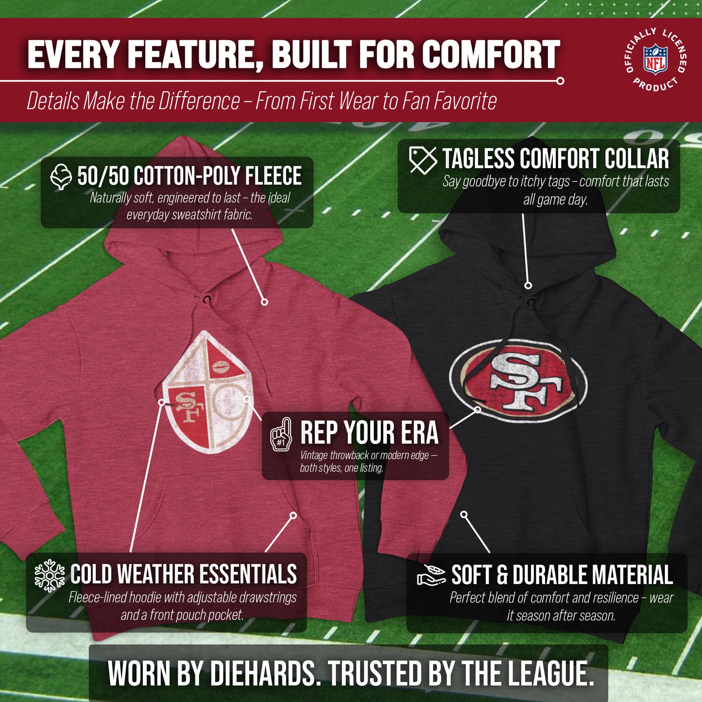 San Francisco 49ers NFL Adult Unisex Modern Throwback Ultra Soft Fleece Hooded Sweatshirt - Red