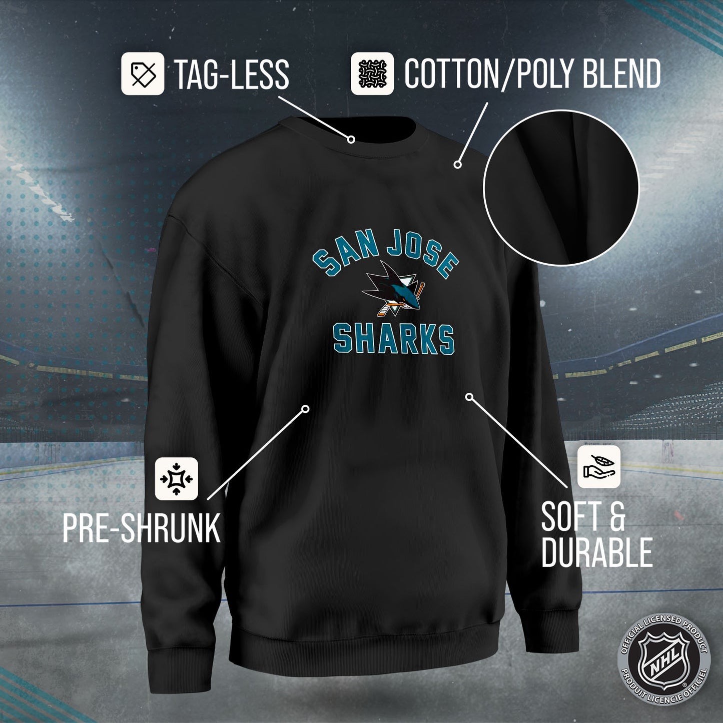 San Jose Sharks Adult NHL Gameday Crewneck Sweatshirt - Black