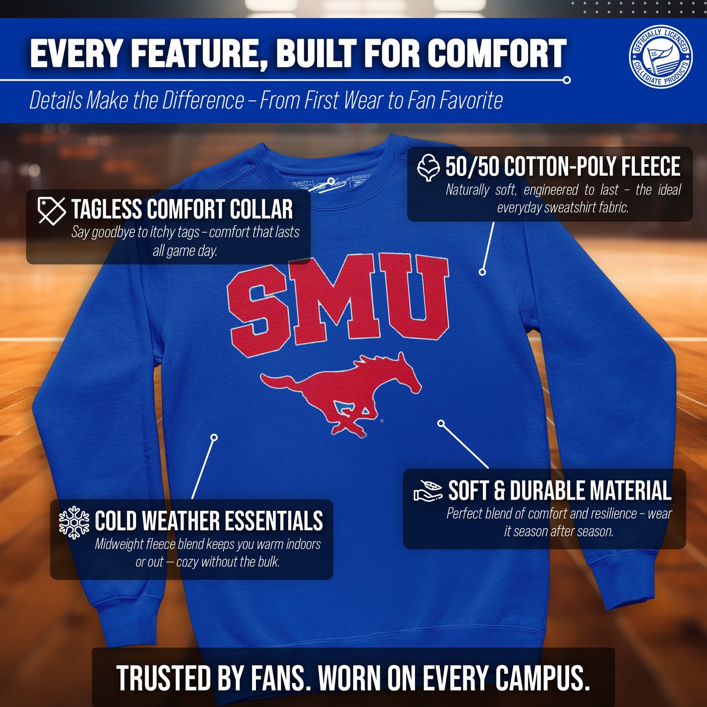 SMU Mustangs Campus Colors Adult Arch & Logo Soft Style Gameday Crewneck Sweatshirt  - Royal