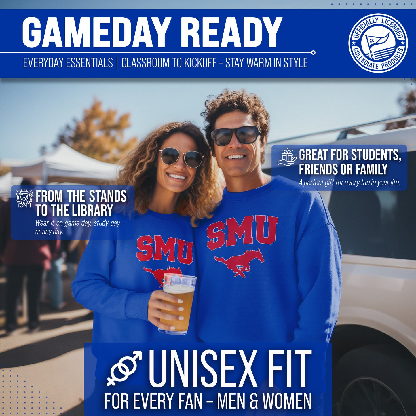 SMU Mustangs Campus Colors Adult Arch & Logo Soft Style Gameday Crewneck Sweatshirt  - Royal