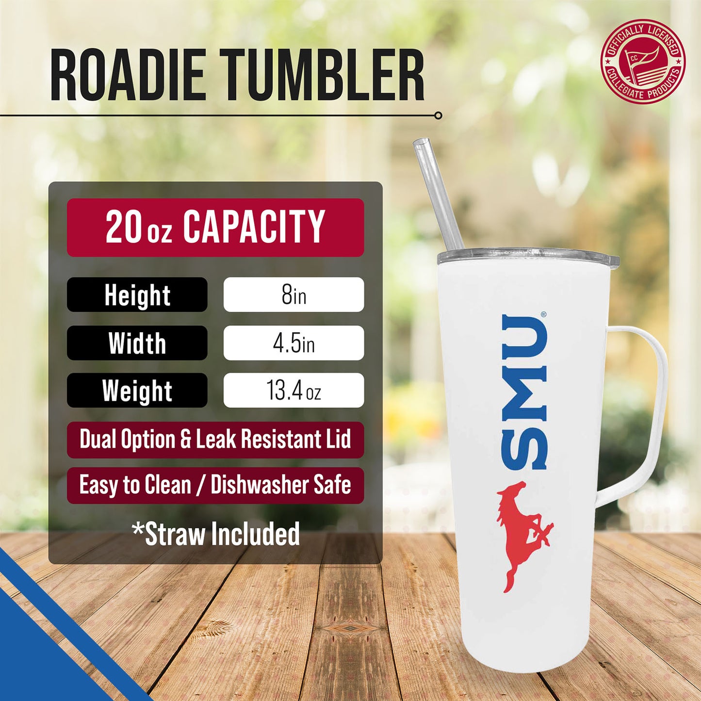 SMU Mustangs NCAA Stainless Steel 20oz Roadie With Handle & Dual Option Lid With Straw - White