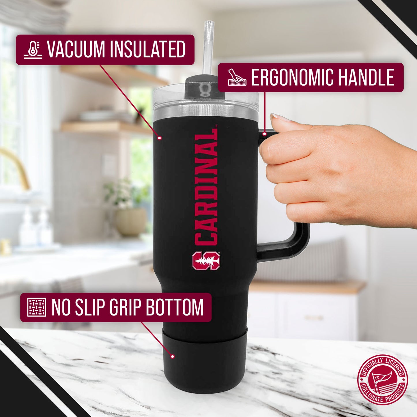 Stanford Cardinal College & University 40 oz Travel Tumbler With Handle - Black