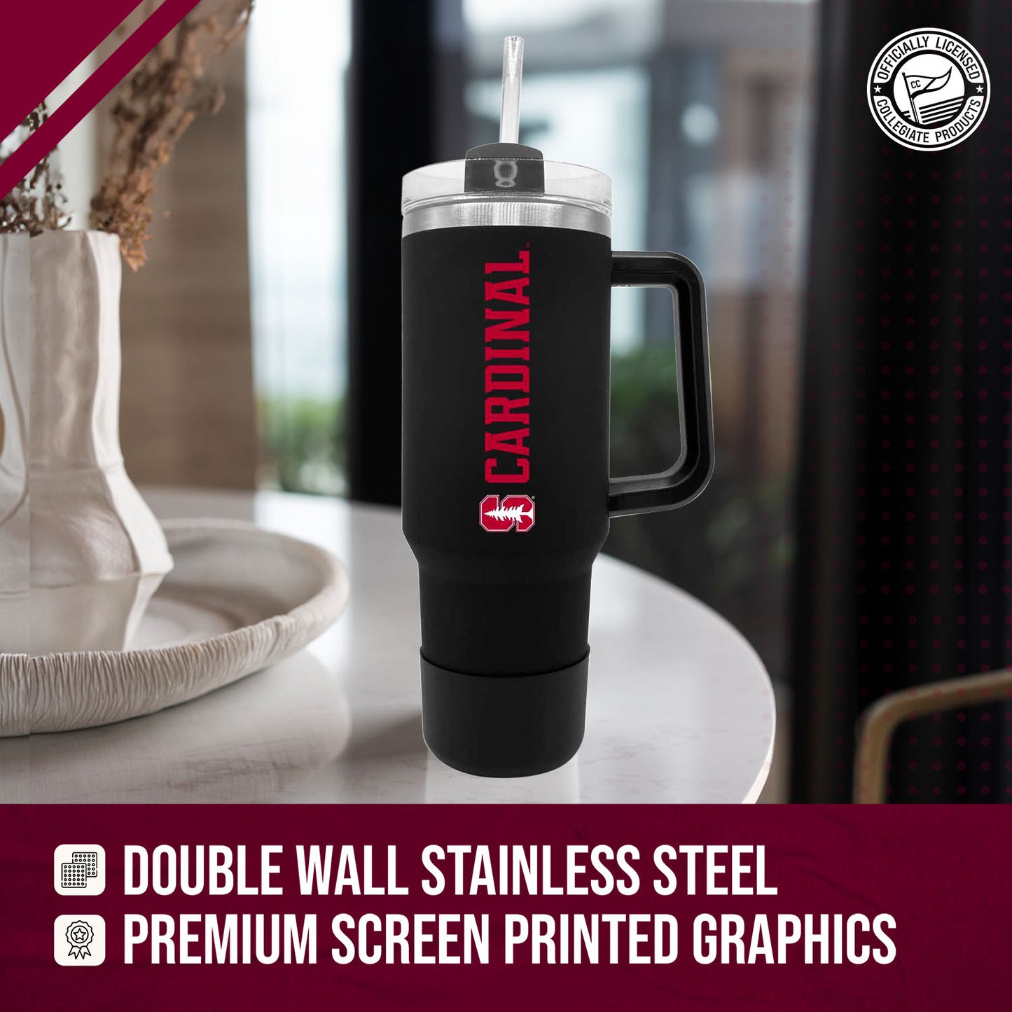 Stanford Cardinal College & University 40 oz Travel Tumbler With Handle - Black