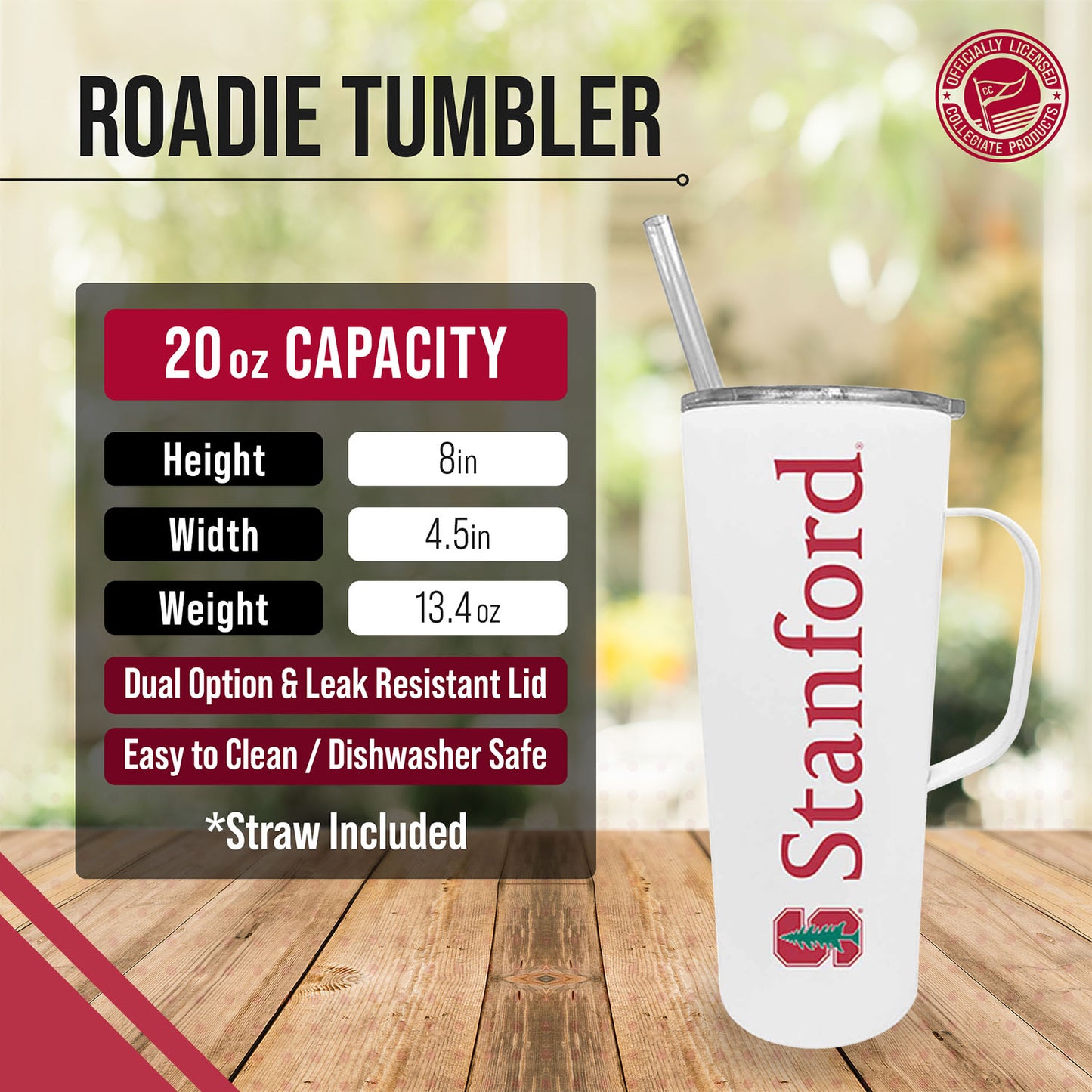 Stanford Cardinal NCAA Stainless Steel 20oz Roadie With Handle & Dual Option Lid With Straw - White