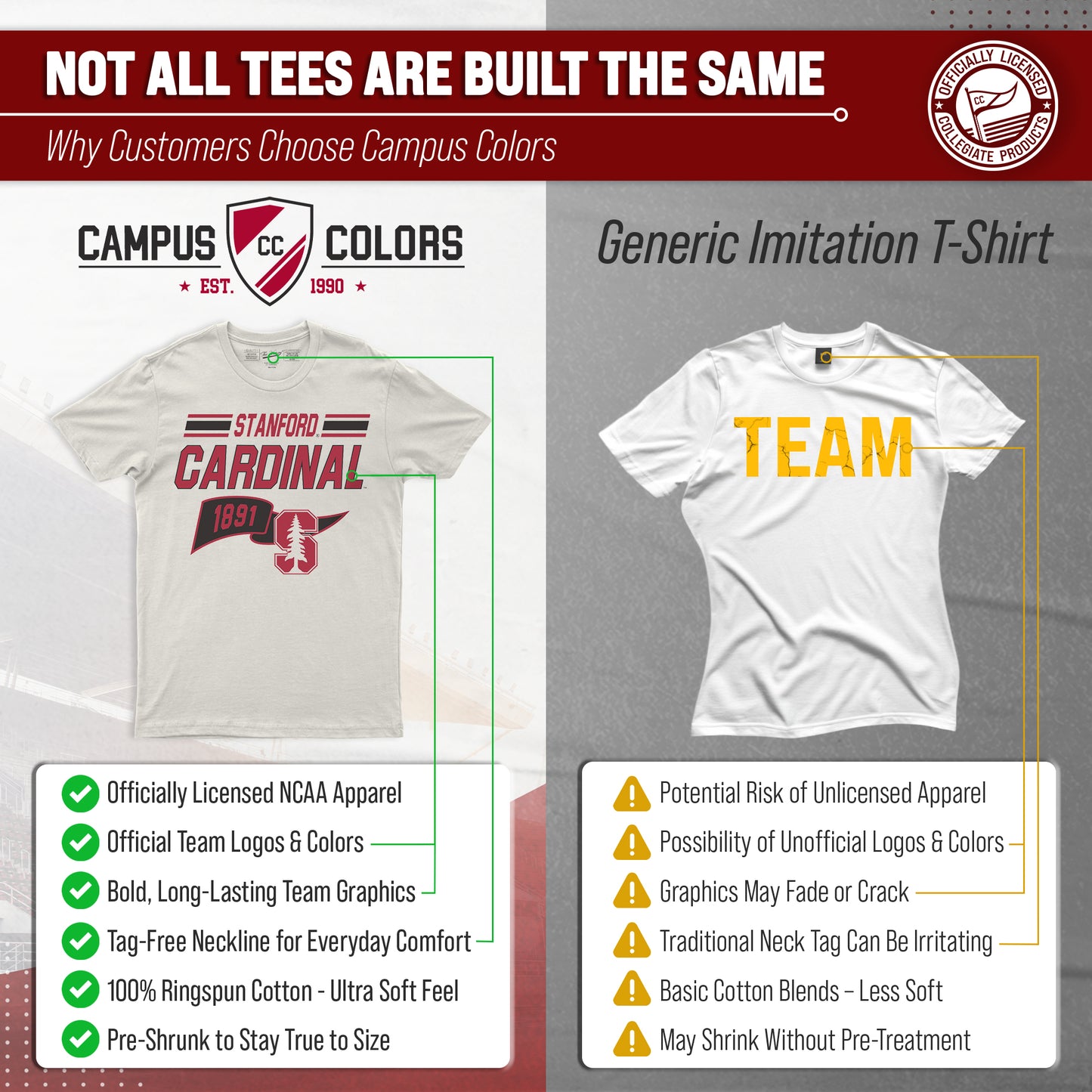 Stanford Cardinal NCAA Adult Unisex Varsity Club Pennant T-Shirt Tag-Less - Off White