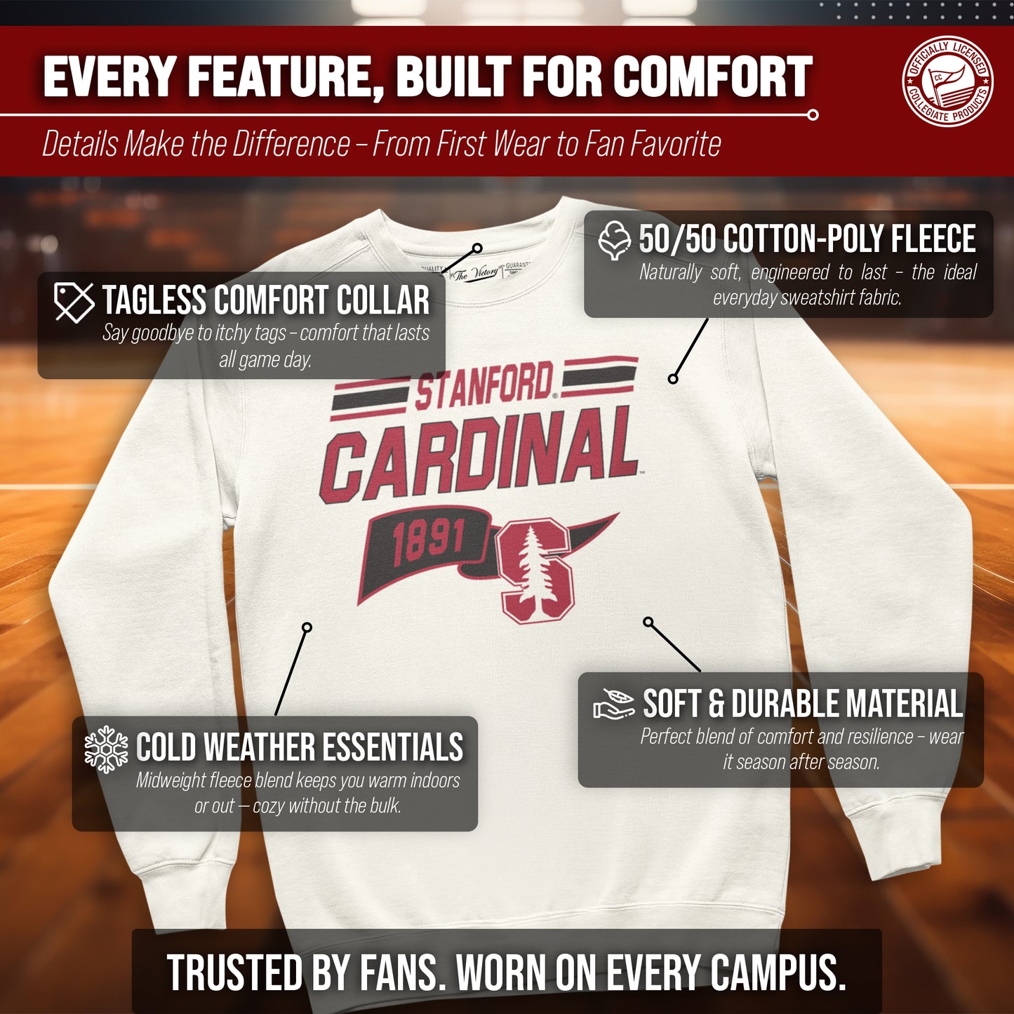 Stanford Cardinal NCAA Adult Unisex Varsity Club Pennant Crewneck Fleece Sweatshirt - Off White