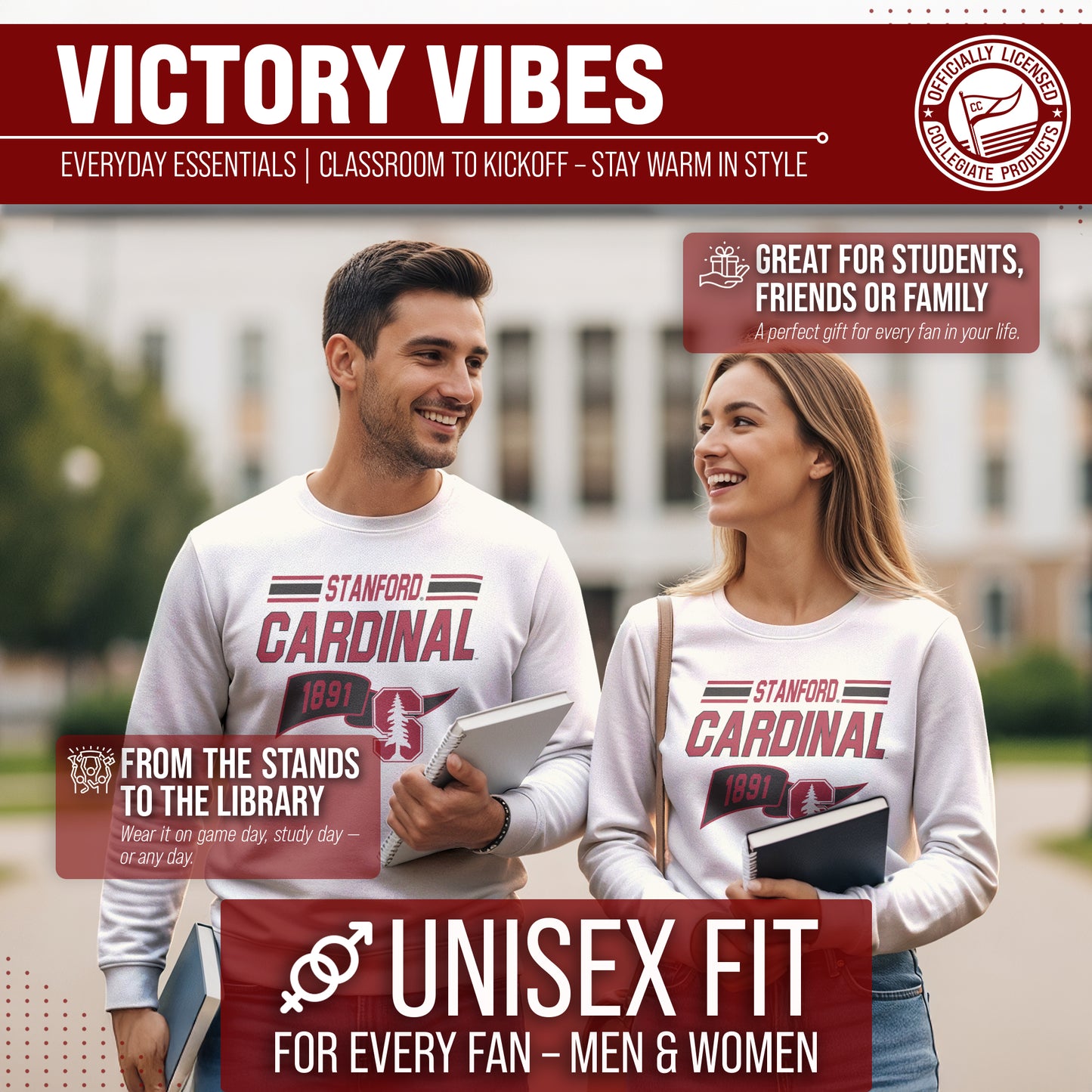 Stanford Cardinal NCAA Adult Unisex Varsity Club Pennant Crewneck Fleece Sweatshirt - Off White