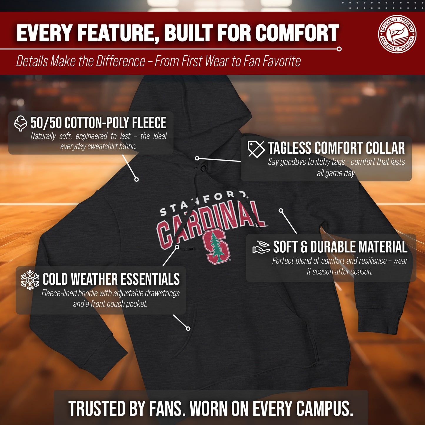 Stanford Cardinal NCAA Adult Unisex Starting Fresh Heathered Hooded Fleece Sweatshirt - Black Heather