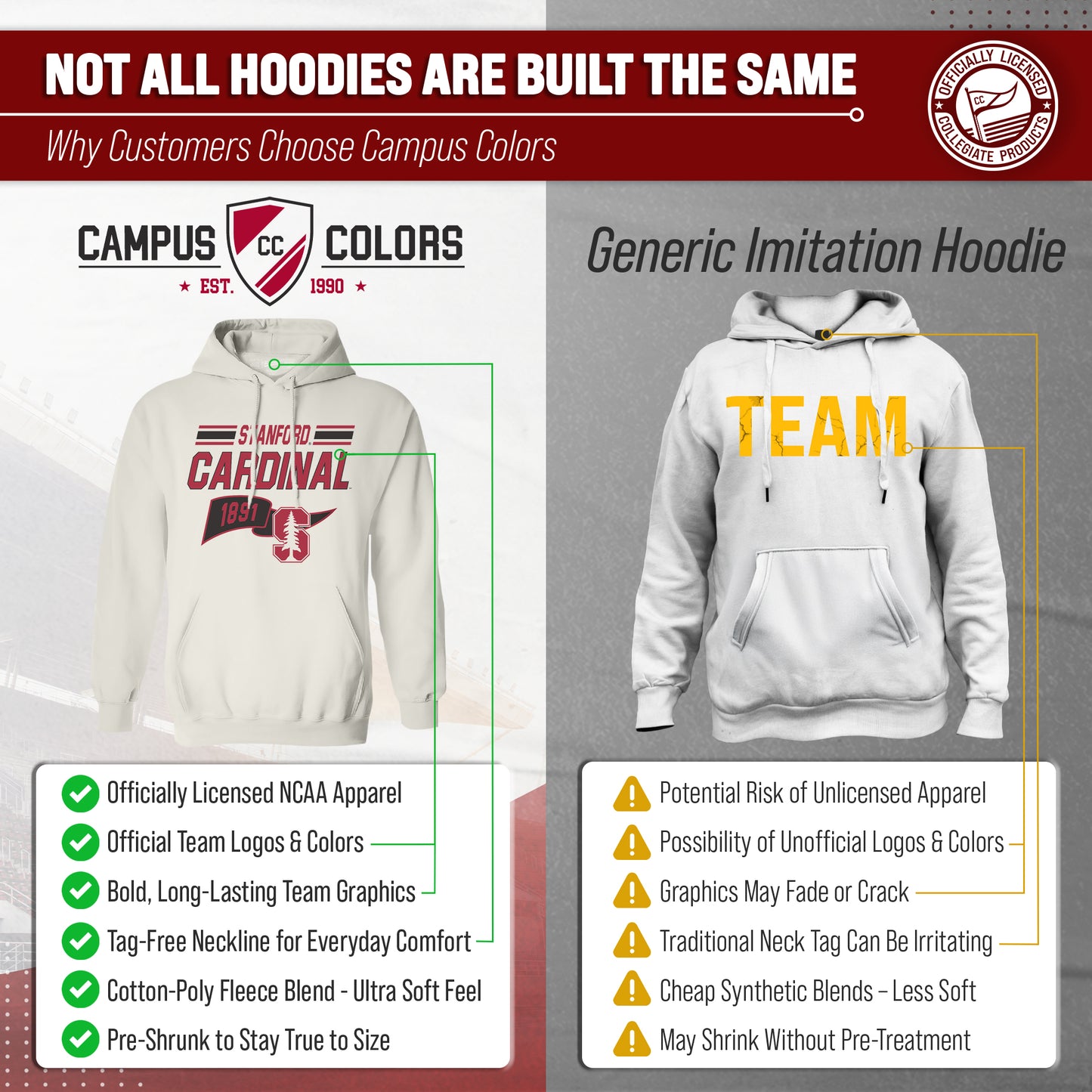 Stanford Cardinal NCAA Adult Unisex Varsity Club Pennant Hooded Fleece Sweatshirt - Off White