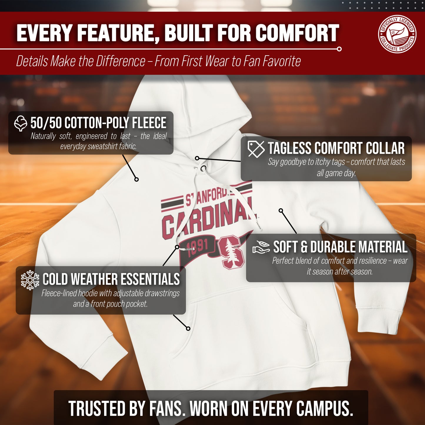 Stanford Cardinal NCAA Adult Unisex Varsity Club Pennant Hooded Fleece Sweatshirt - Off White
