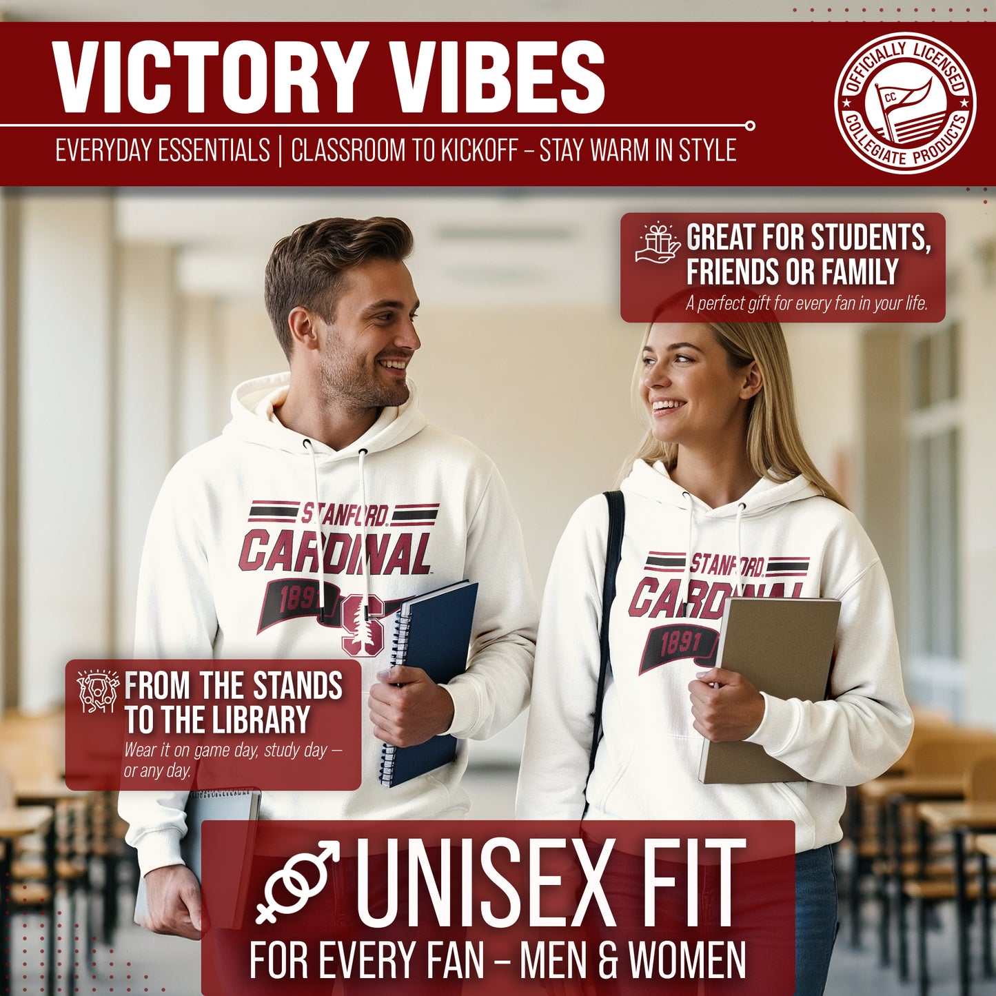 Stanford Cardinal NCAA Adult Unisex Varsity Club Pennant Hooded Fleece Sweatshirt - Off White